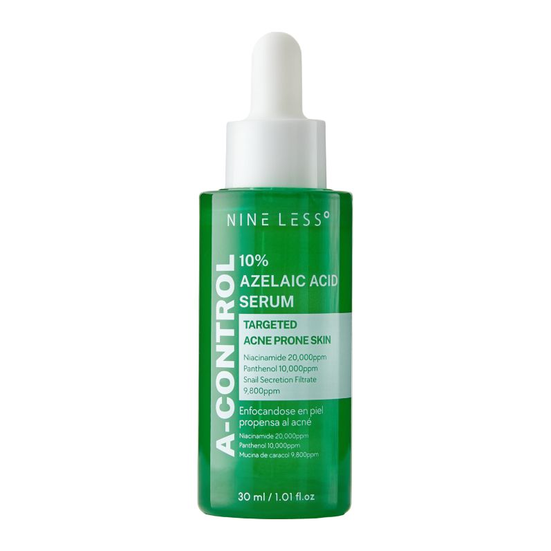 Grüne Flasche mit weißem Deckel. Aufschrift: A-Control, 10% Azelainsäure Serum. Enthält Niacinamid, Panthenol, Schneckensekret. 30 ml.