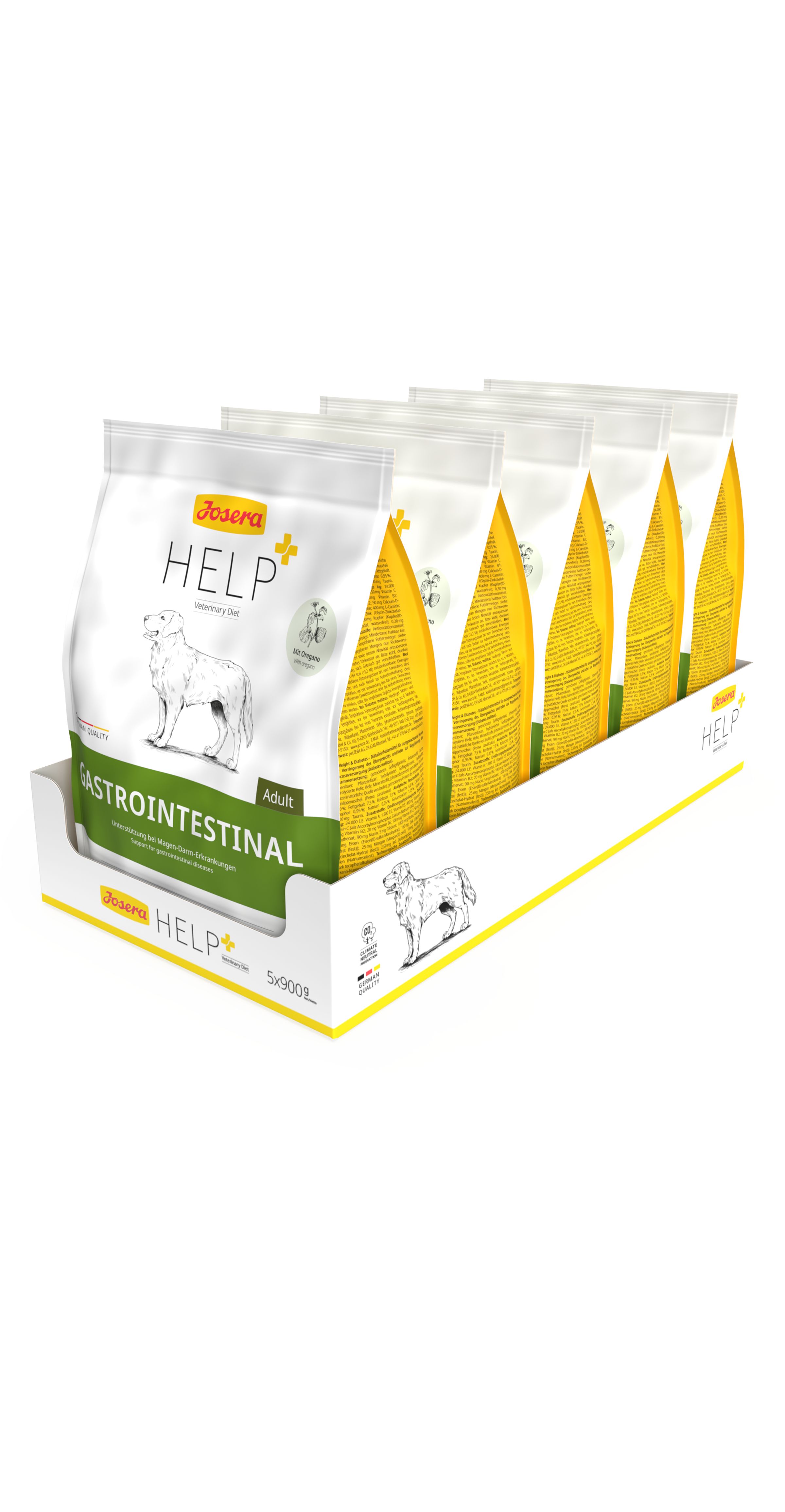 Fünf Packungen Josera Help Gastrointestinal Hundefutter in einer weißen Displaybox.
