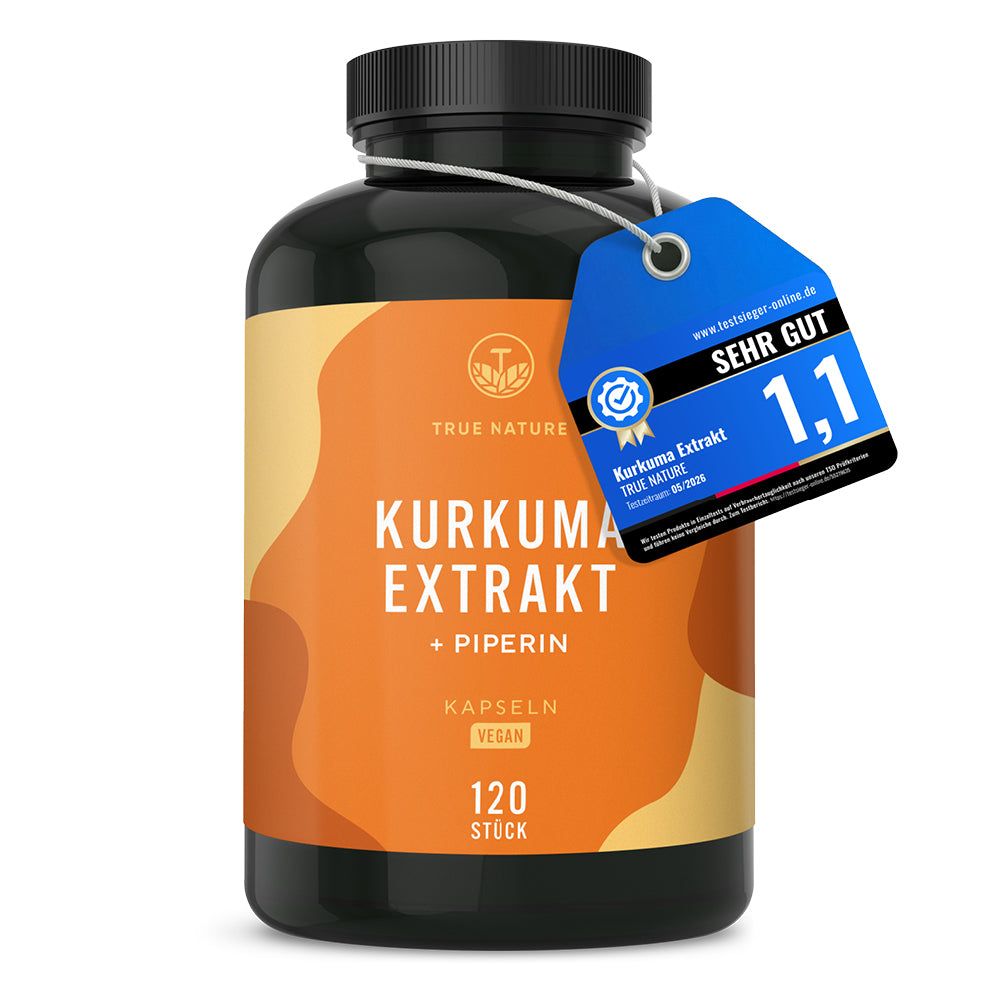 Flasche mit Kurkuma Extrakt Kapseln, mit Siegel 'Sehr Gut'.