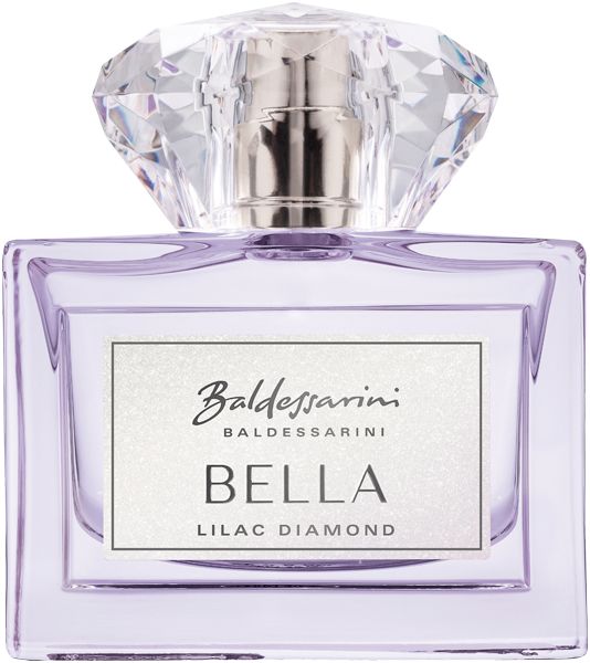 Flakon mit lila Flüssigkeit. Aufschrift: Baldessarini, Bella Lilac Diamond. Diamantförmiger Deckel.