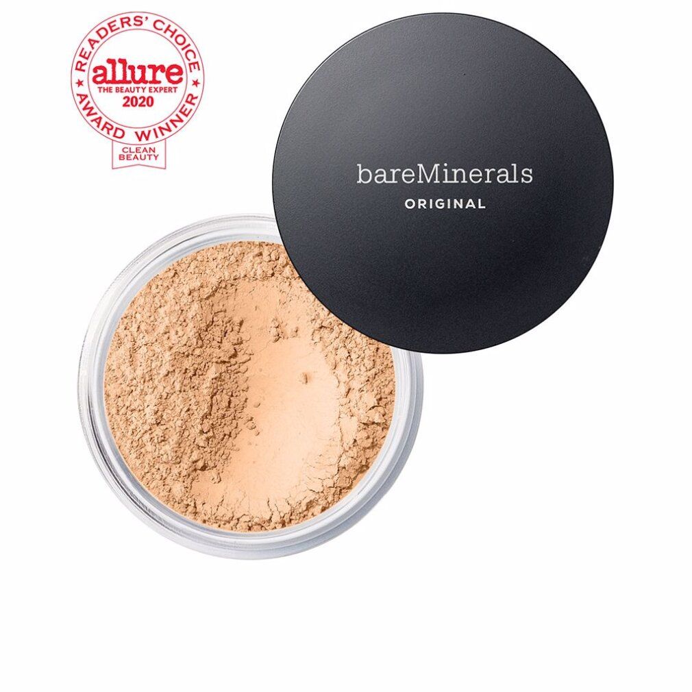 Offener, runder Behälter mit losem, hellbraunem Puder. Schwarzer Deckel mit weißem Schriftzug: bareMinerals ORIGINAL. Allure Award.
