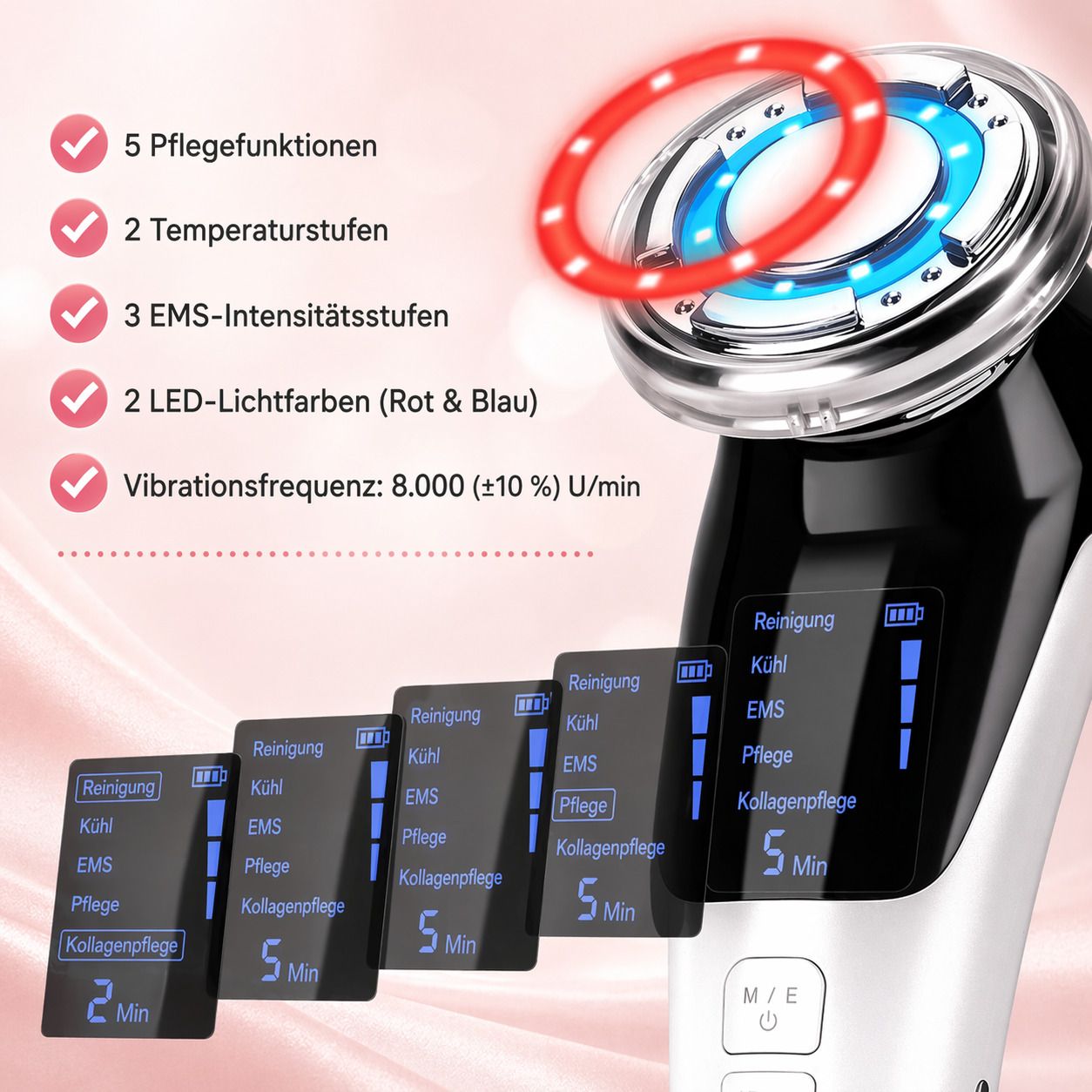 Weiß-schwarzes Hautpflegegerät. Funktionen: 5 Pflegefunktionen, 2 Temperaturstufen, 3 EMS-Intensitätsstufen, 2 LED-Farben, Vibrationsfrequenz.