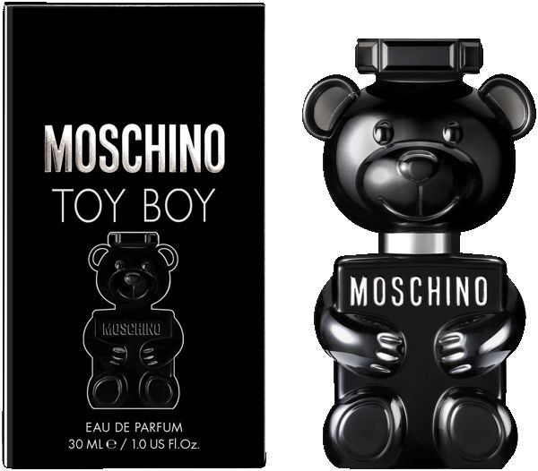 Schwarzer Flakon in Bärenform und schwarze Verpackung. Aufschrift MOSCHINO TOY BOY. Eau de Parfum.