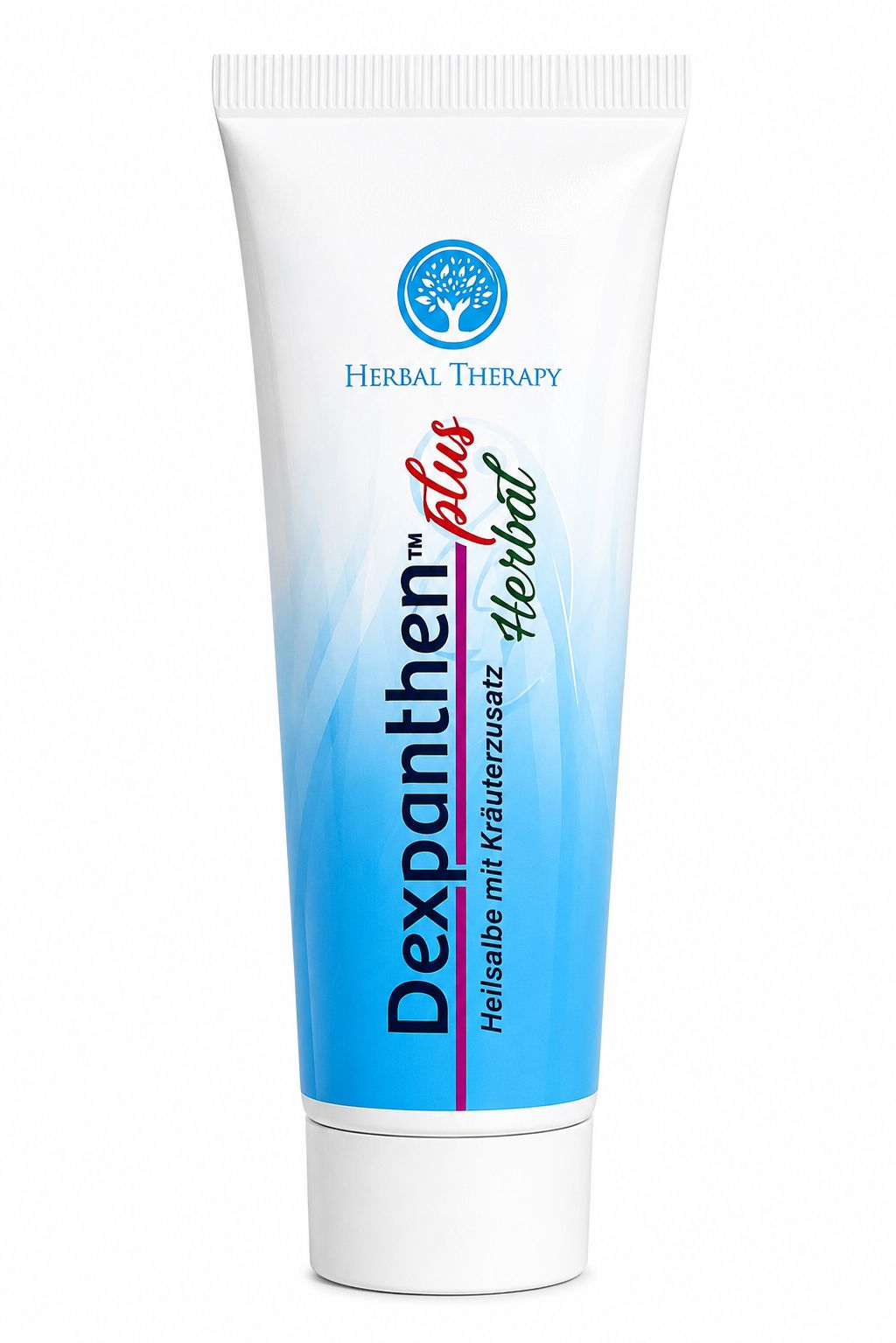 Tube mit Dexpanthen Plus Herbal Salbe, weiß mit blauen und roten Akzenten.
