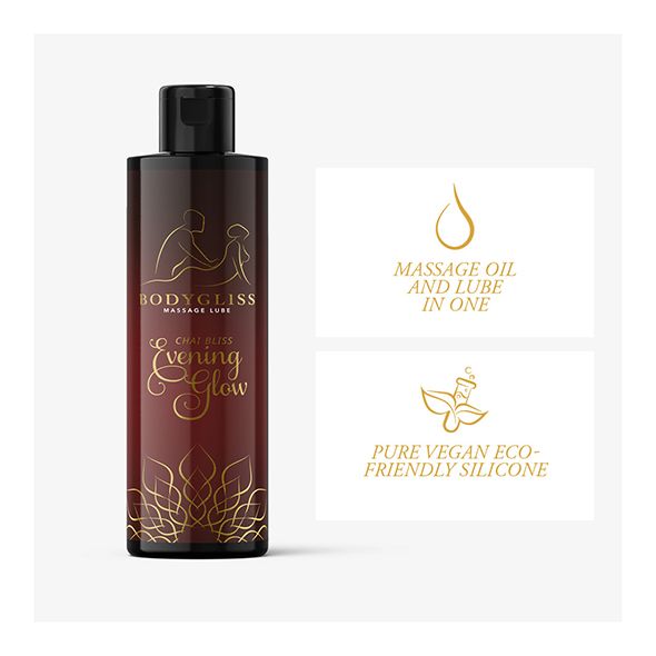 Bodygliss Massageöl Flasche. Aufschrift: Chai Bliss Evening Glow. Zusätzliche Informationen.