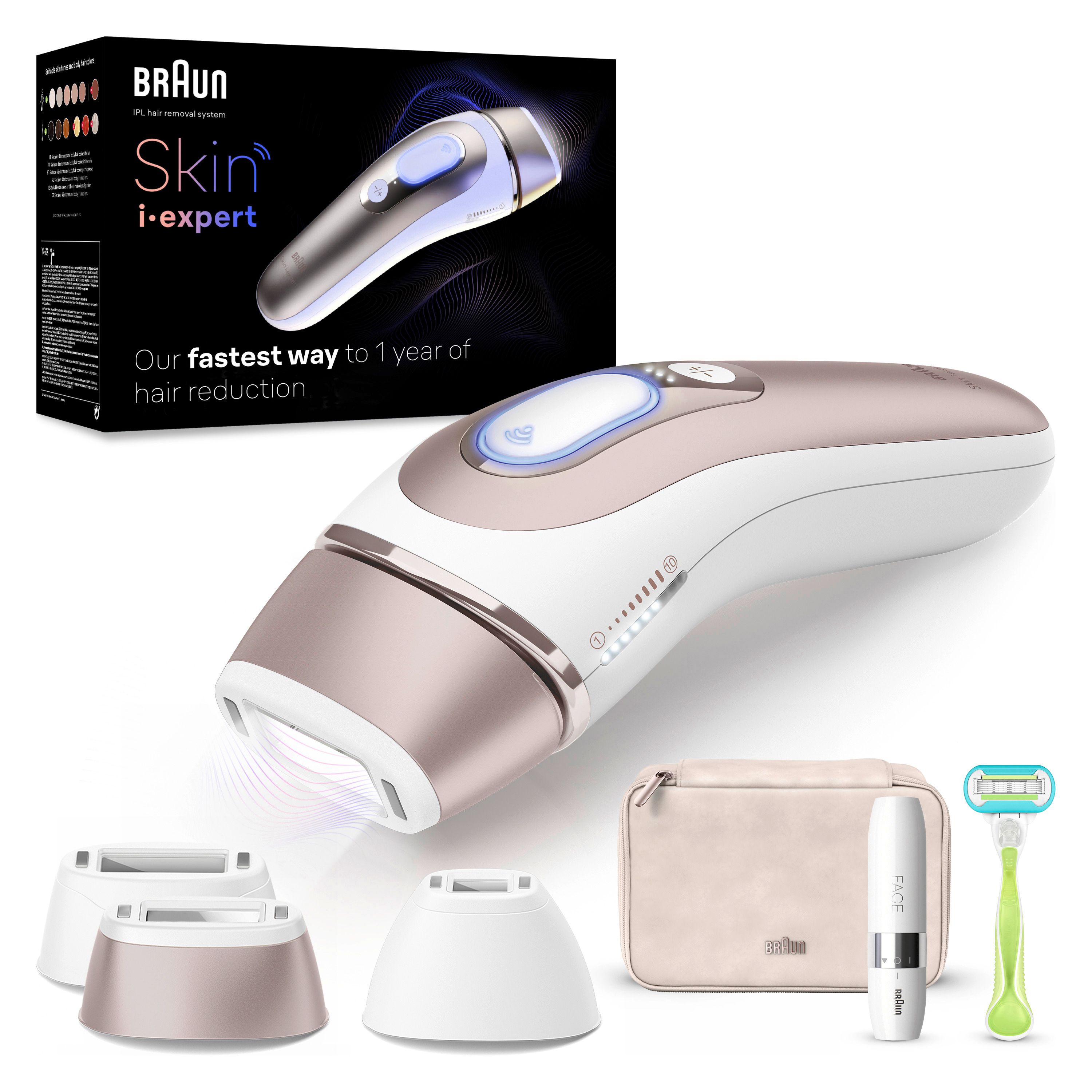Braun Skin i-expert Pro 7 PL7249 IPL-Haarentfernungssystem. Mit Zubehör: Aufsätze, Etui, Rasierer. Verpackung mit Text.
