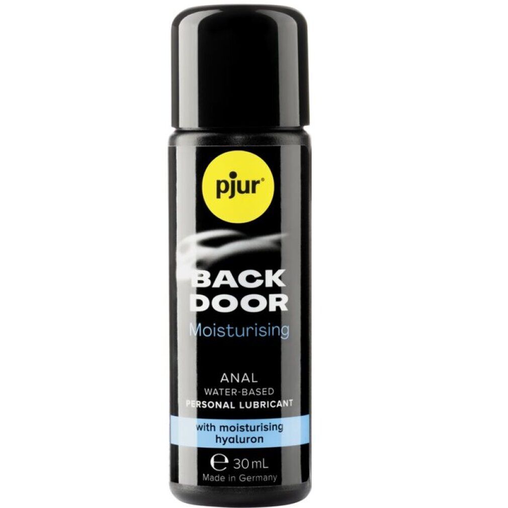 Schwarze Flasche mit gelbem Logo. Aufschrift: pjur, BACK DOOR, Moisturising, ANAL PERSONAL LUBRICANT. Mit Hyaluron. 30ml.