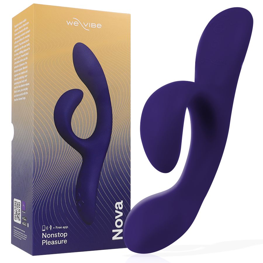 Lila Nova-Vibrator mit Verpackung. Verpackung mit Logo und Text. Vibrator mit geschwungener Form.