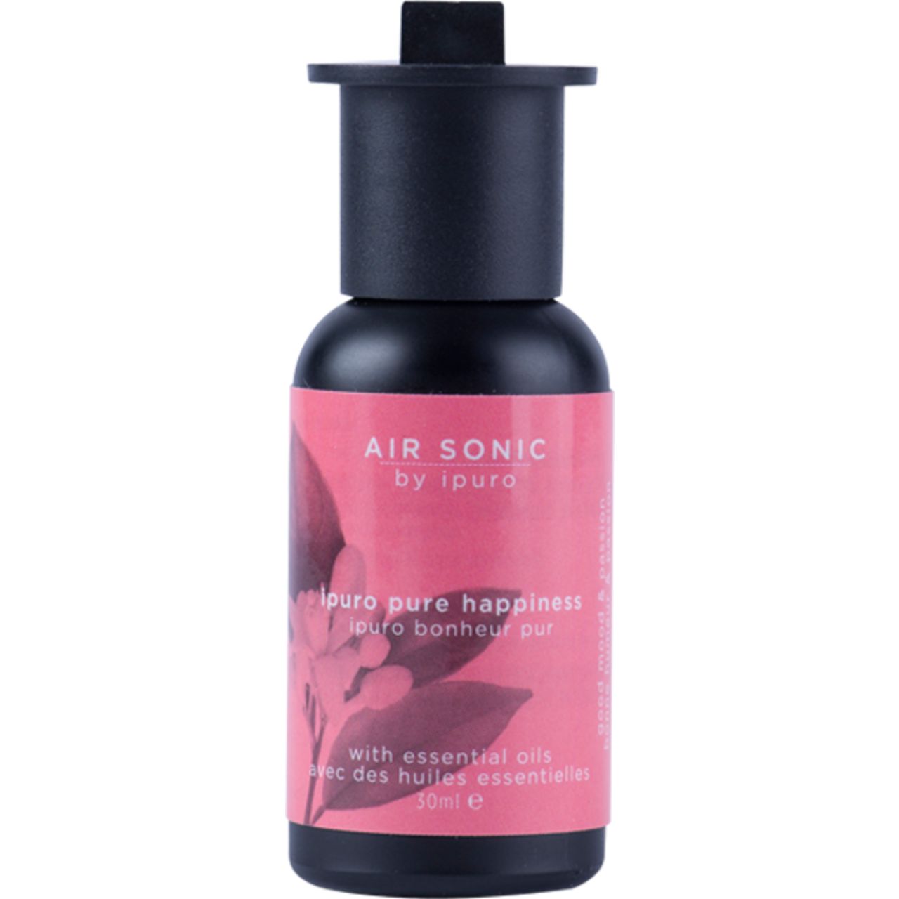 Schwarzer Diffusor mit rosa Etikett. Aufschrift: Air Sonic by ipuro, pure pure happiness, mit ätherischen Ölen. 30ml.