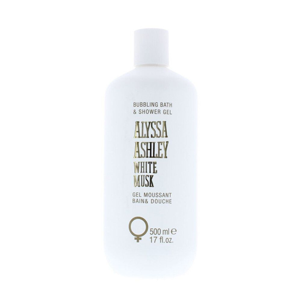 Weiße Flasche mit Aufschrift Alyssa Ashley White Musk Duschgel. Mit weißem Deckel und goldfarbenem Schriftzug.