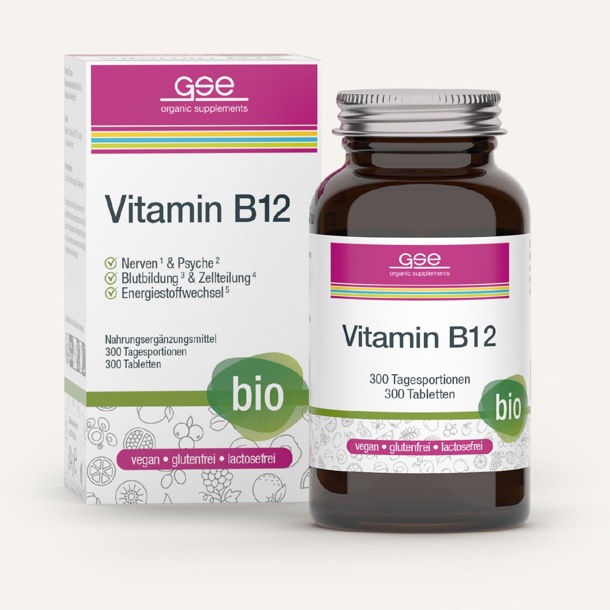 Braune Glasflasche und Schachtel mit GSE Vitamin B12 Compact. Aufschrift: Vitamin B12, bio, 300 Tagesportionen. Vegan, glutenfrei, laktosefrei.