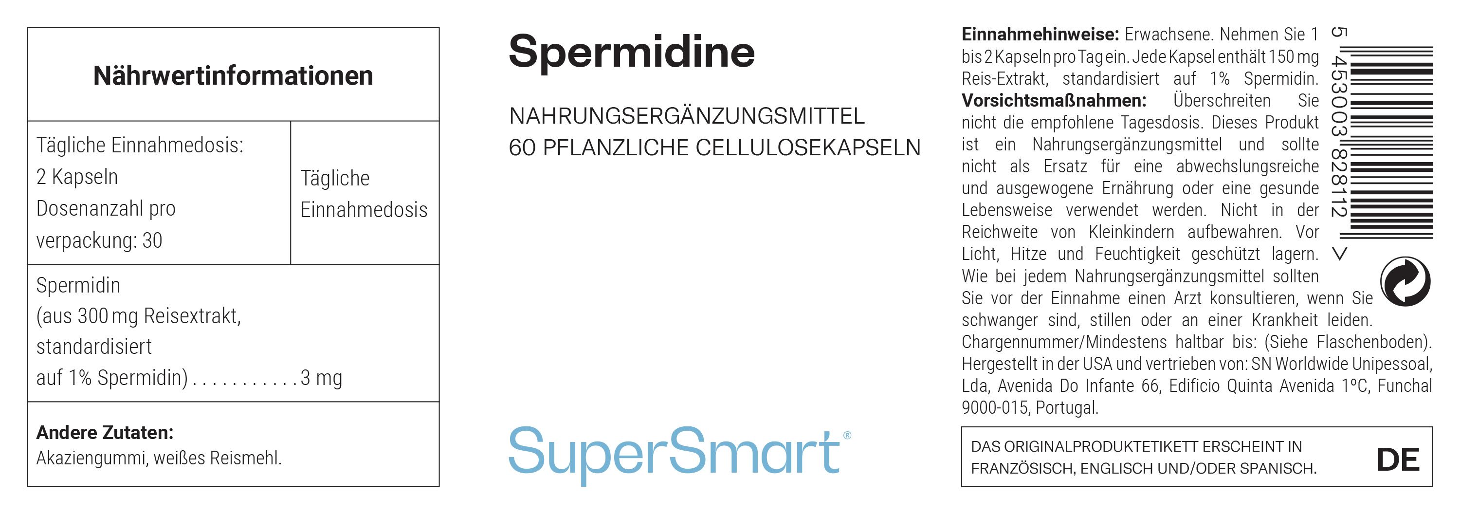 Nahrungsergänzungsmittel Spermidin, 60 pflanzliche Zellulosekapseln. SuperSmart-Logo. Text mit Nährwertinformationen und Anwendungshinweisen.