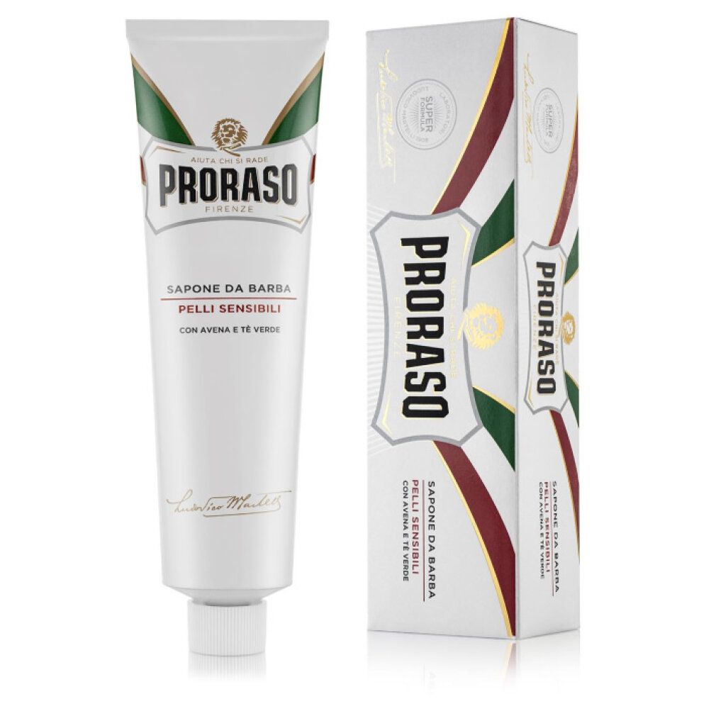 Proraso Rasiercreme Tube und Karton mit grün-weiß-rotem Streifenmuster.