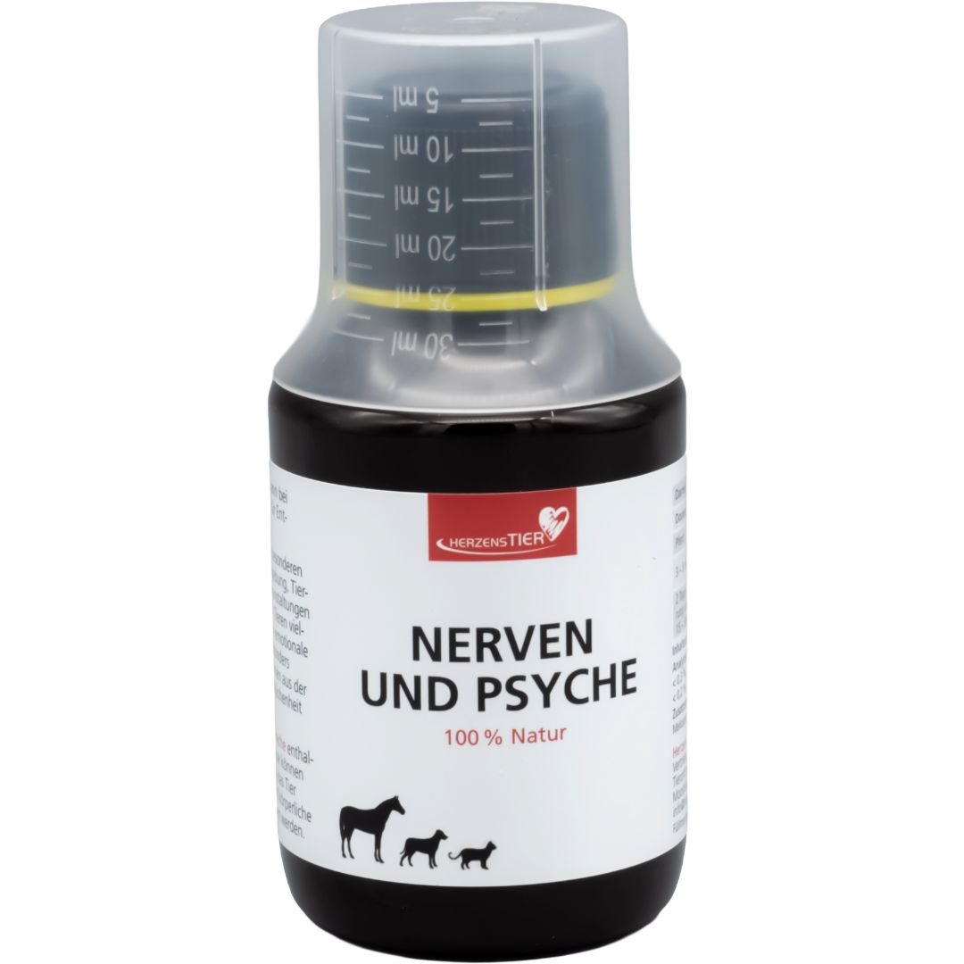 Braune Flüssigkeit in einer Flasche mit Messbecher. Aufschrift: Nerven und Psyche, 100% Natur. Logo: HerzensTier.