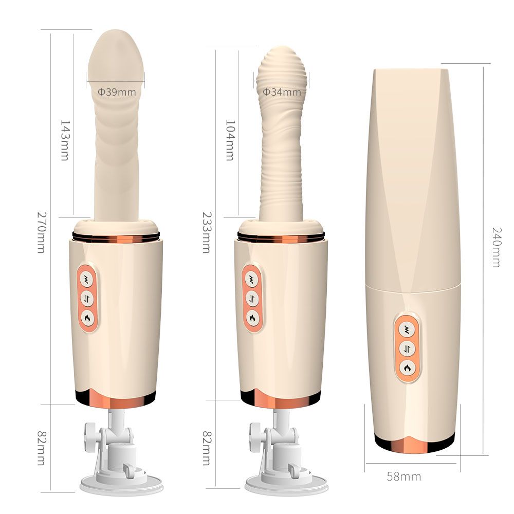 Vibrator mit Maßen. Beige, mit Bedienfeld und Sockel. Abmessungen in mm.