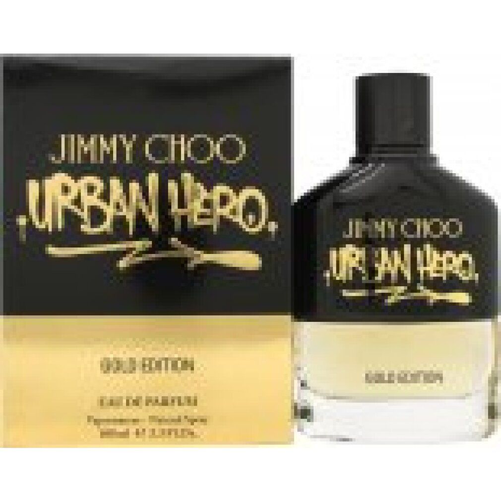 Schwarzer Karton und Flakon. Aufschrift: JIMMY CHOO URBAN HERO GOLD EDITION. Eau de Parfum.