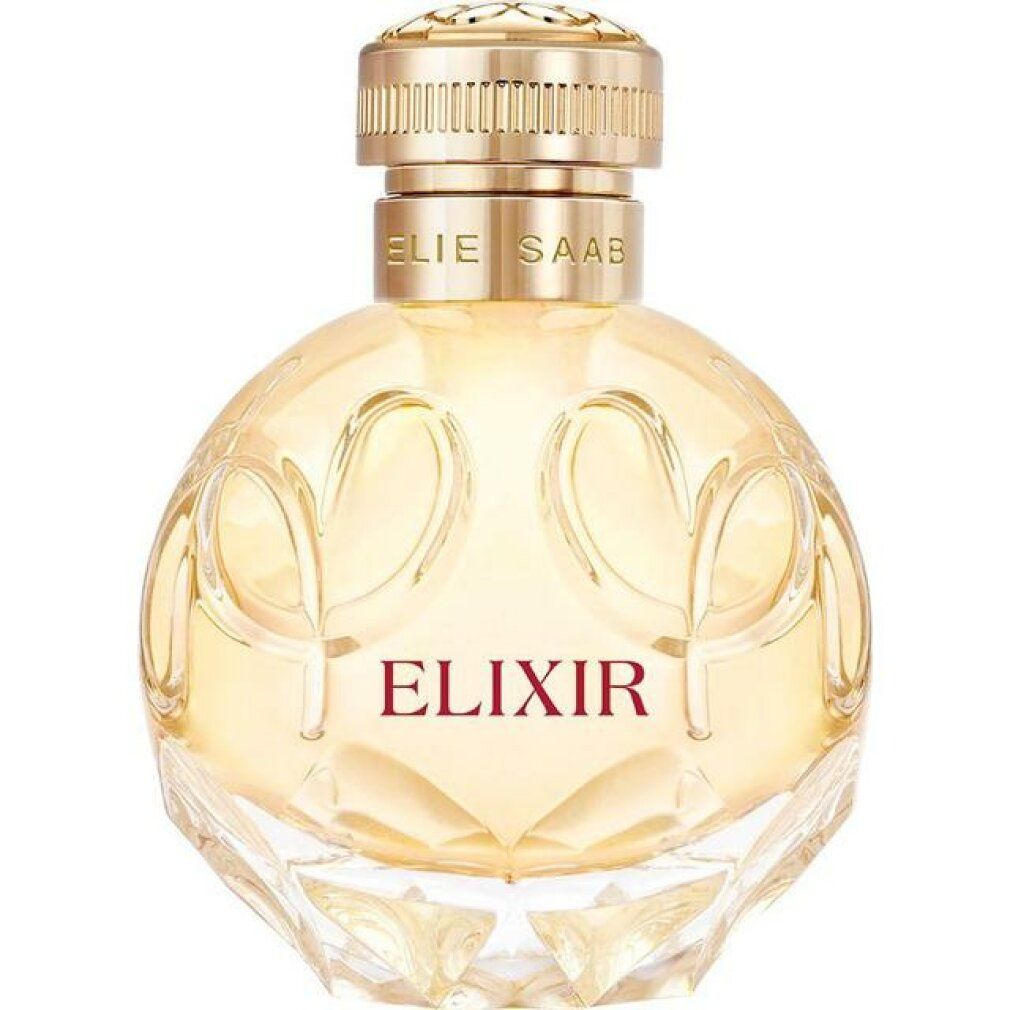 Runder Flakon mit goldfarbenem Verschluss. Aufschrift "ELIXIR". Marke: Elie Saab.