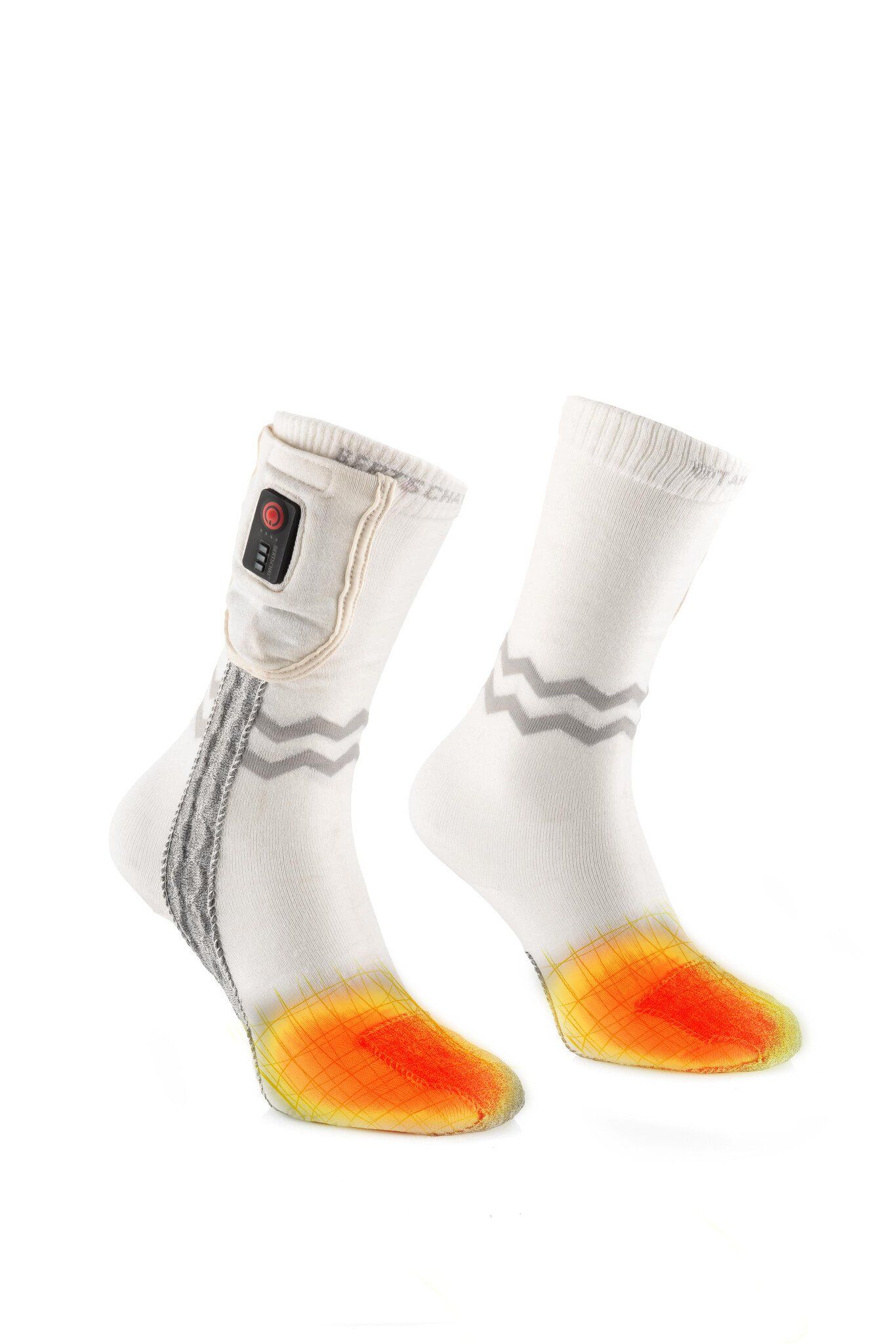 Weisse, kurze beheizbare Socken. Graue Akzente. Rote Wärme-Indikation im Fussbereich. Schwarzes Bedienfeld mit roter Anzeige.