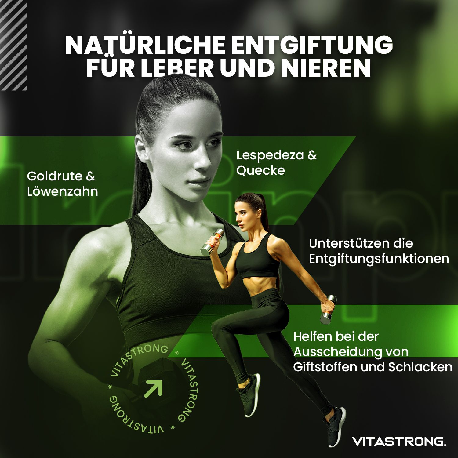 Frau trainiert. Text: Natürliche Entgiftung für Leber und Nieren. Vitastrong. Grün-weißes Design. Lespedeza & Quecke.