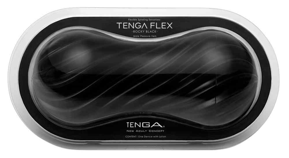 Verpackung mit TENGA FLEX Rocky Black. Schwarzes Produkt in transparenter Hülle.