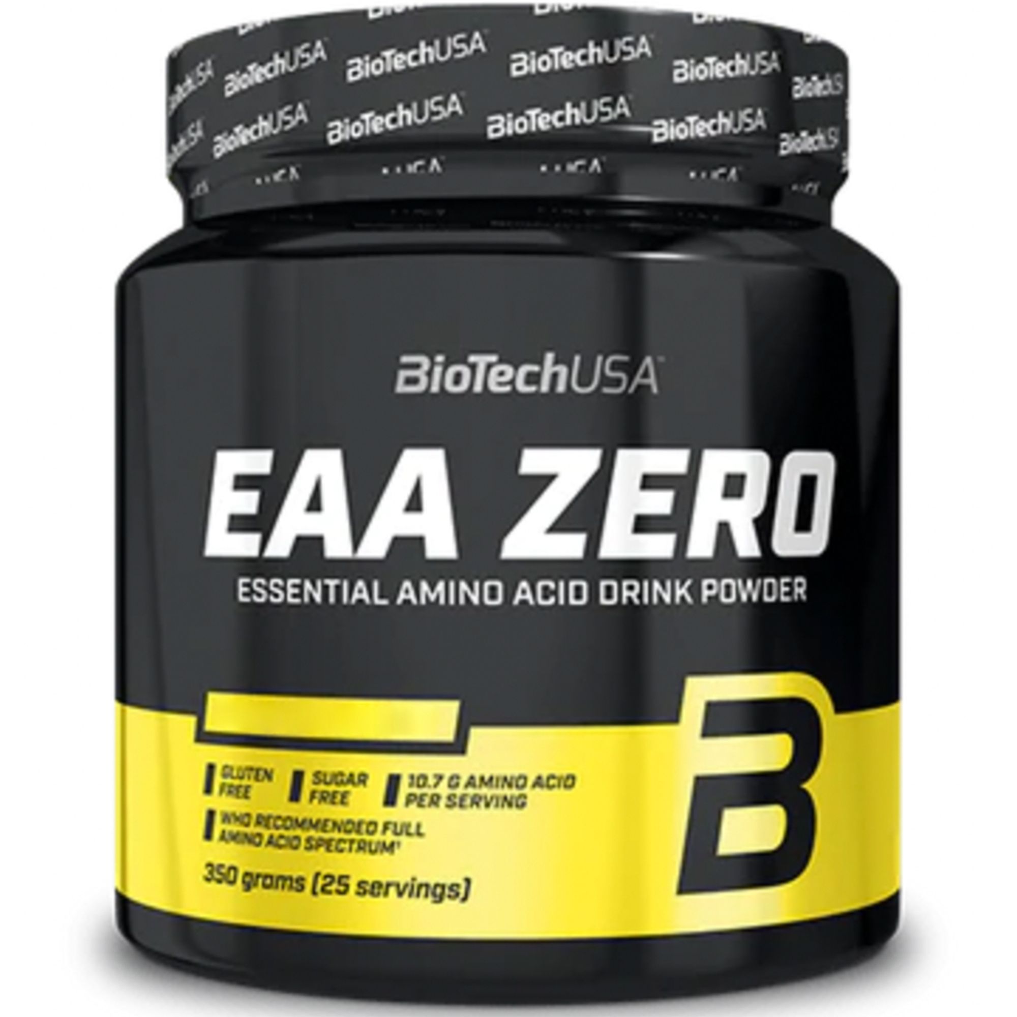 Schwarzer Behälter BioTechUSA EAA Zero. Gelber Aufkleber mit Produktinformationen. Aufschrift EAA ZERO und weitere Details.