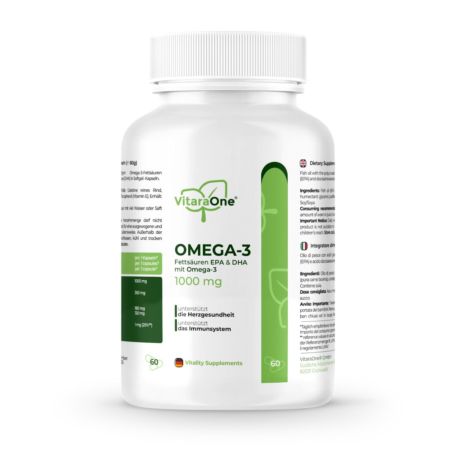 Weiße Flasche mit Omega-3 Kapseln. Aufschrift: VitaraOne, Omega-3 1000 mg. Grün-weiße Etikettierung.
