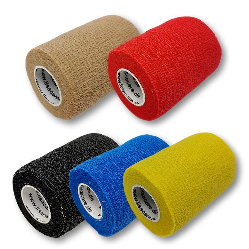 Mehrfarbige selbstklebende Wundpflaster-Rollen. Farben: Beige, Rot, Schwarz, Blau, Gelb. Aufschrift: lisacare.de.