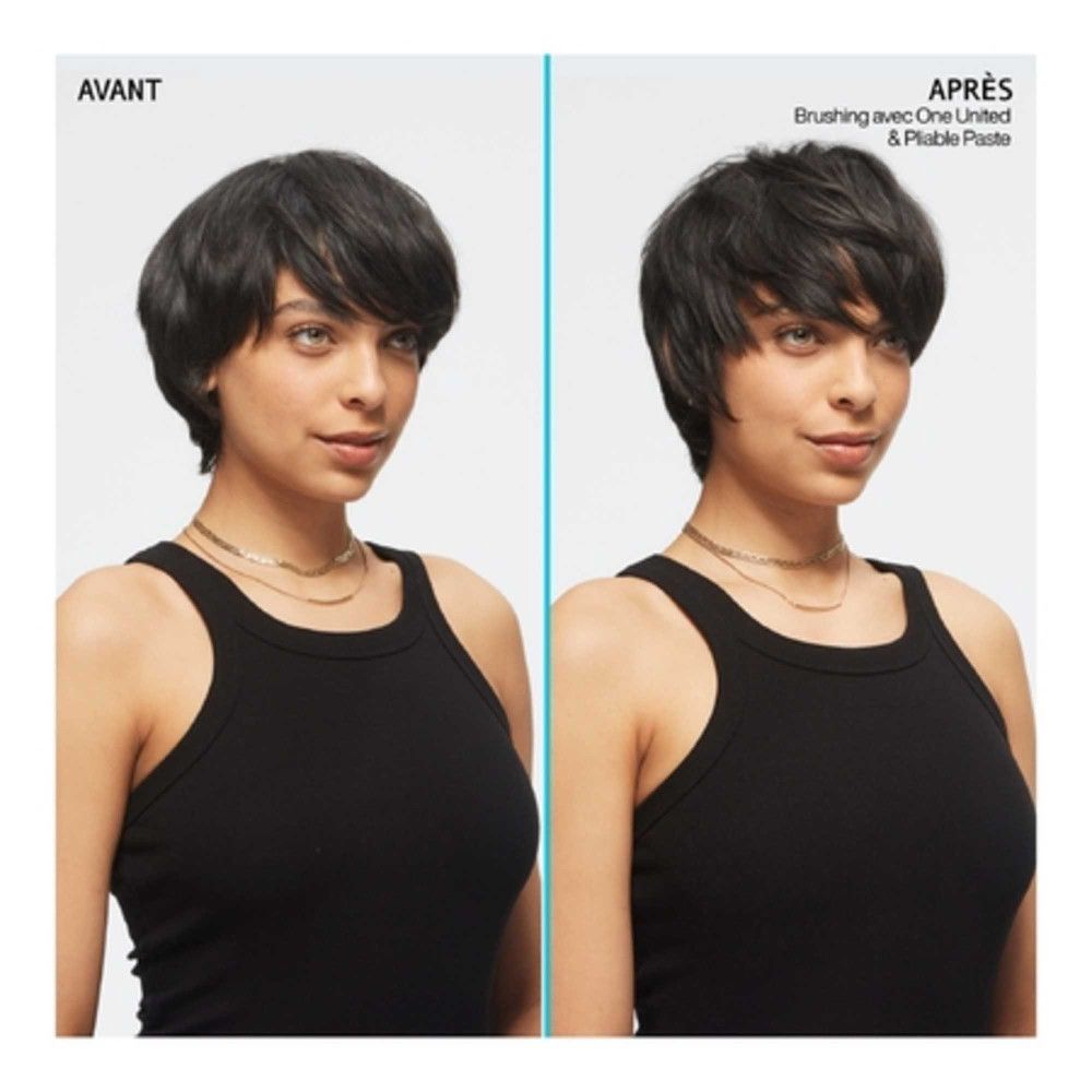 Vorher-Nachher-Vergleich einer Kurzhaarfrisur. Links: glattes Haar. Rechts: gestyltes Haar mit mehr Volumen.