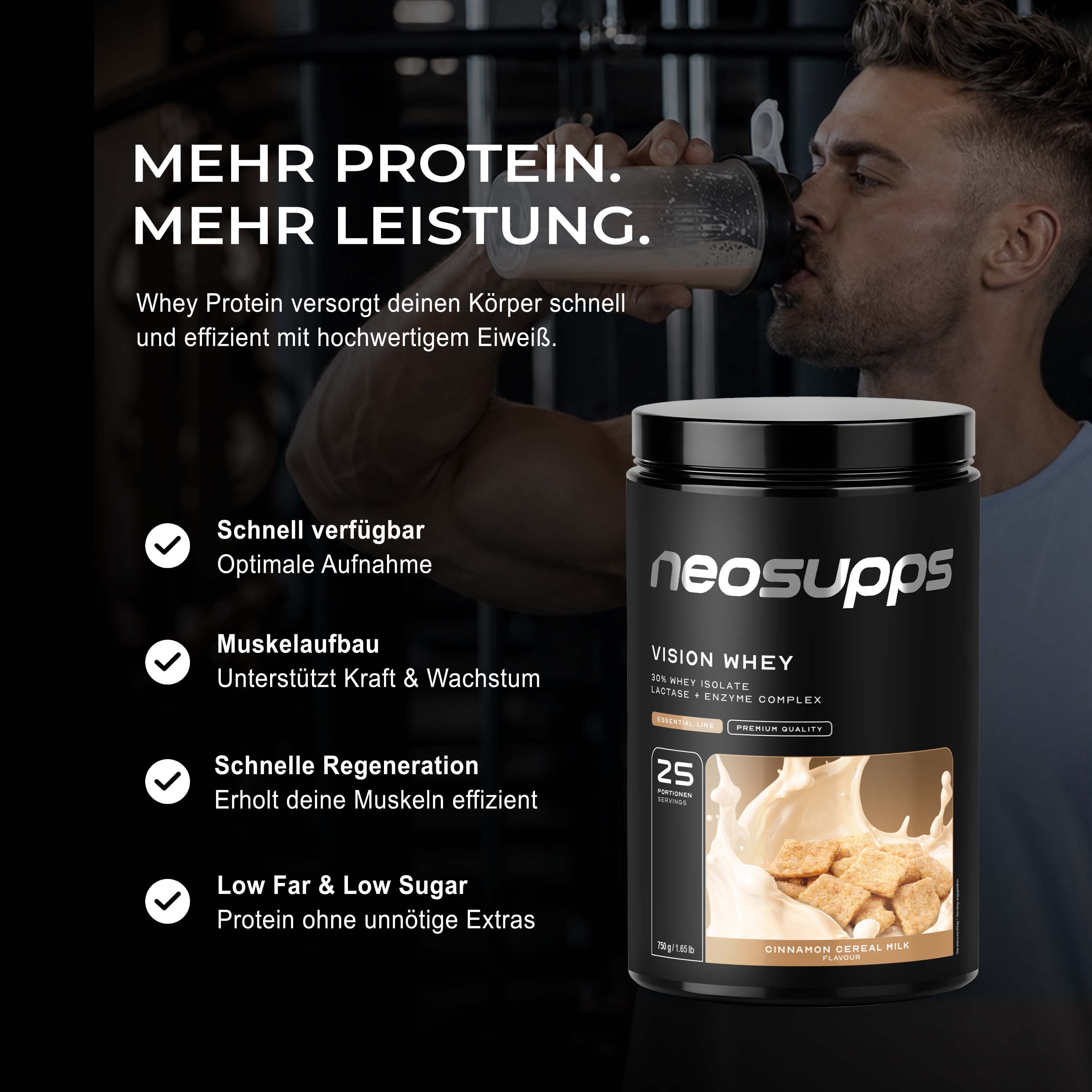 Neosupps Vision Whey Proteinpulver für mehr Leistung. Unterstützt Muskelaufbau und Regeneration.