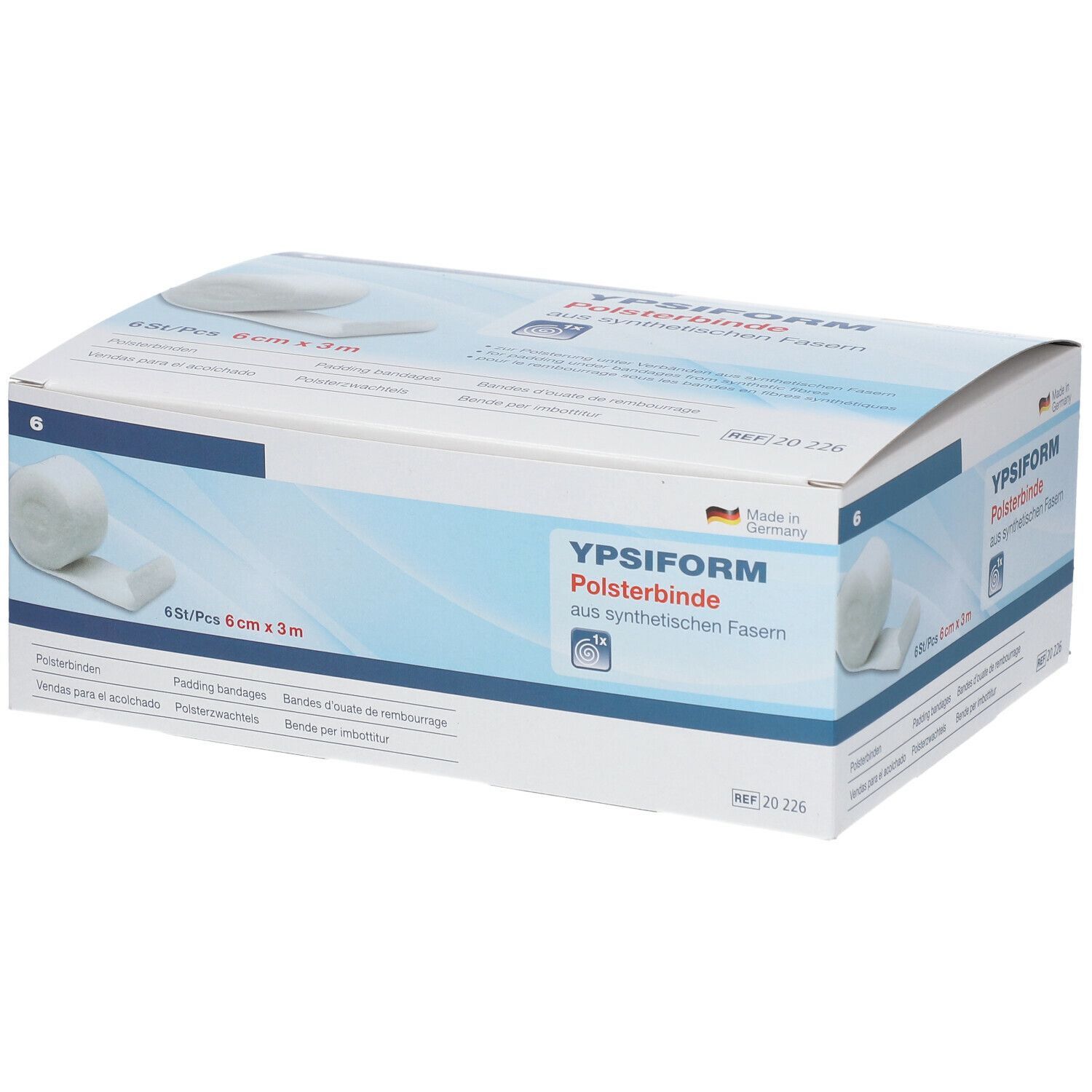 Verpackung von YPSIFORM Polsterbinde. 6 Stück, 6 cm x 3 m. Mit deutscher Flagge und Produktbezeichnung.
