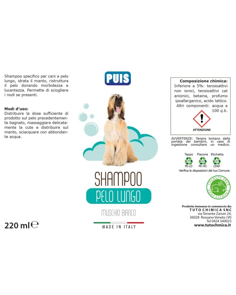 Shampoo Puis per cani a pelo lungo, Muschio Bianco. Sulla bottiglia bianca è presente un'etichetta con il nome del prodotto e l'immagine di un cane. Il testo sull'etichetta è in italiano. La bottiglia contiene 220 ml.