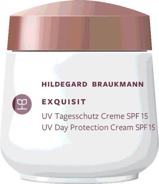 Creme-Tiegel mit rosafarbenem Deckel. Aufschrift: Hildegard Braukmann, Exquisit, UV Tagesschutz Creme SPF 15, UV Day Protection Cream SPF 15.