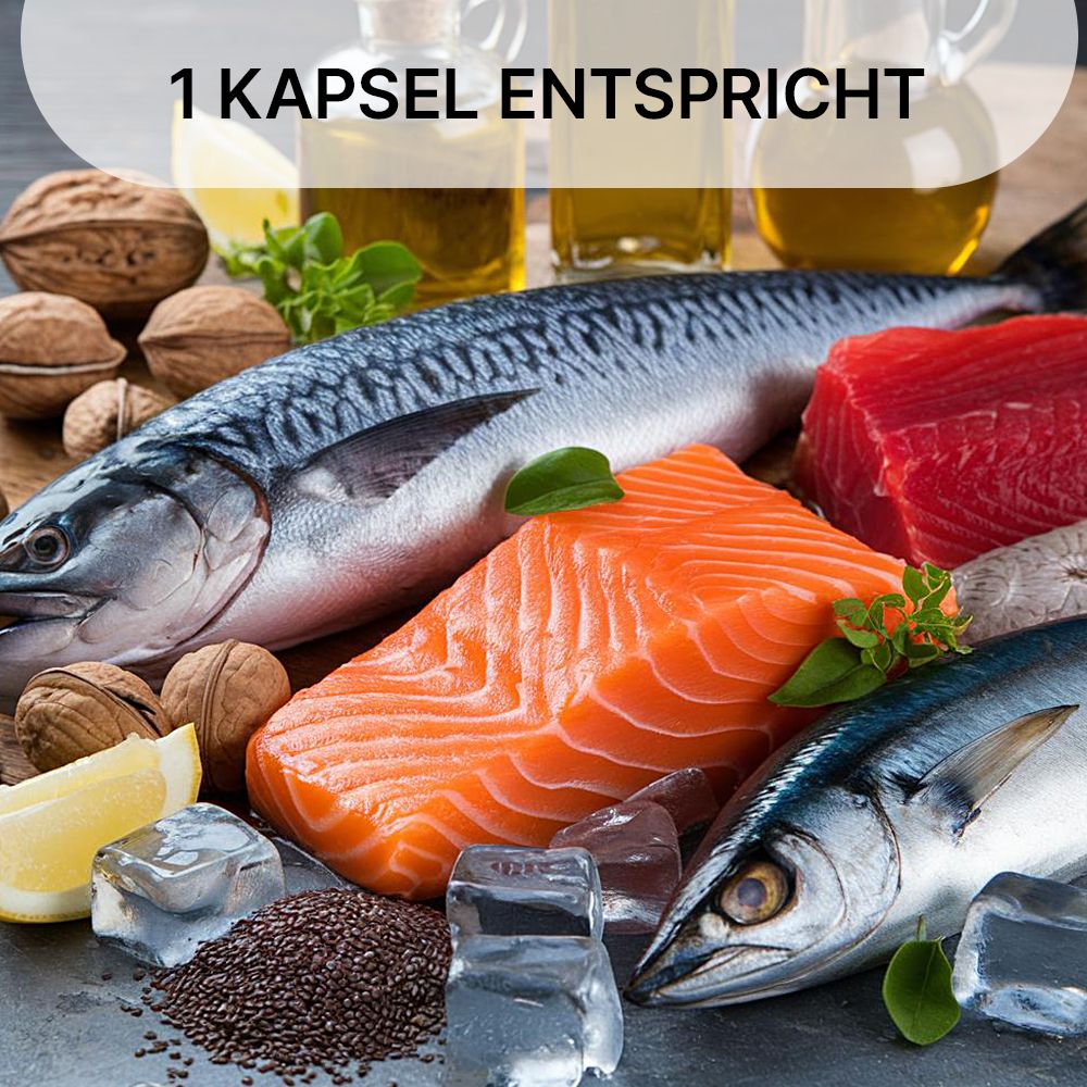 Lebensmittel und Kapseln. Text: 1 Kapsel entspricht. Abbildung von Fisch, Nüssen, Öl und Zitrone.
