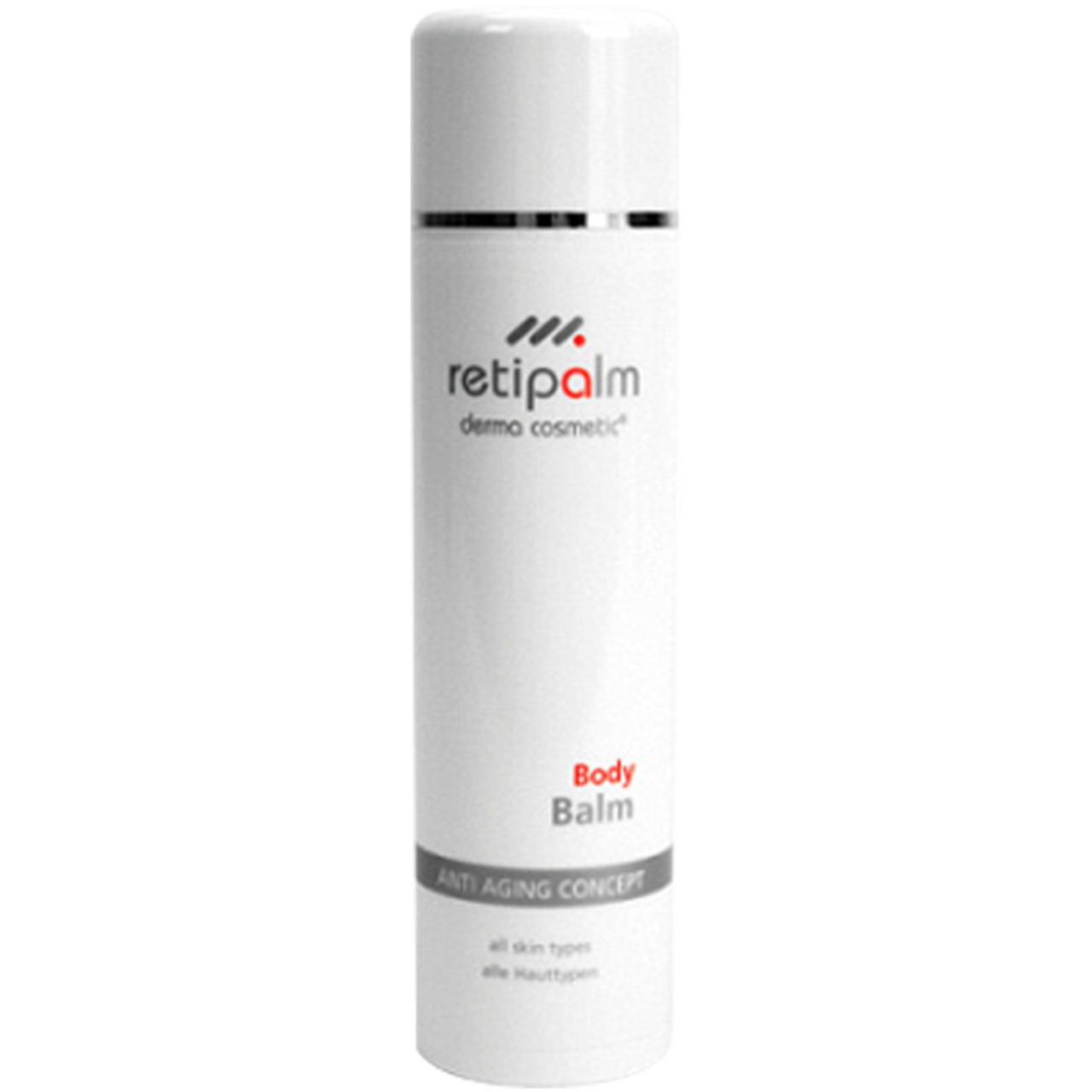 Weißer Zylinder mit silbernem Ring. Aufschrift: retipalm dermo cosmetic, Body Balm, Anti Aging Concept.