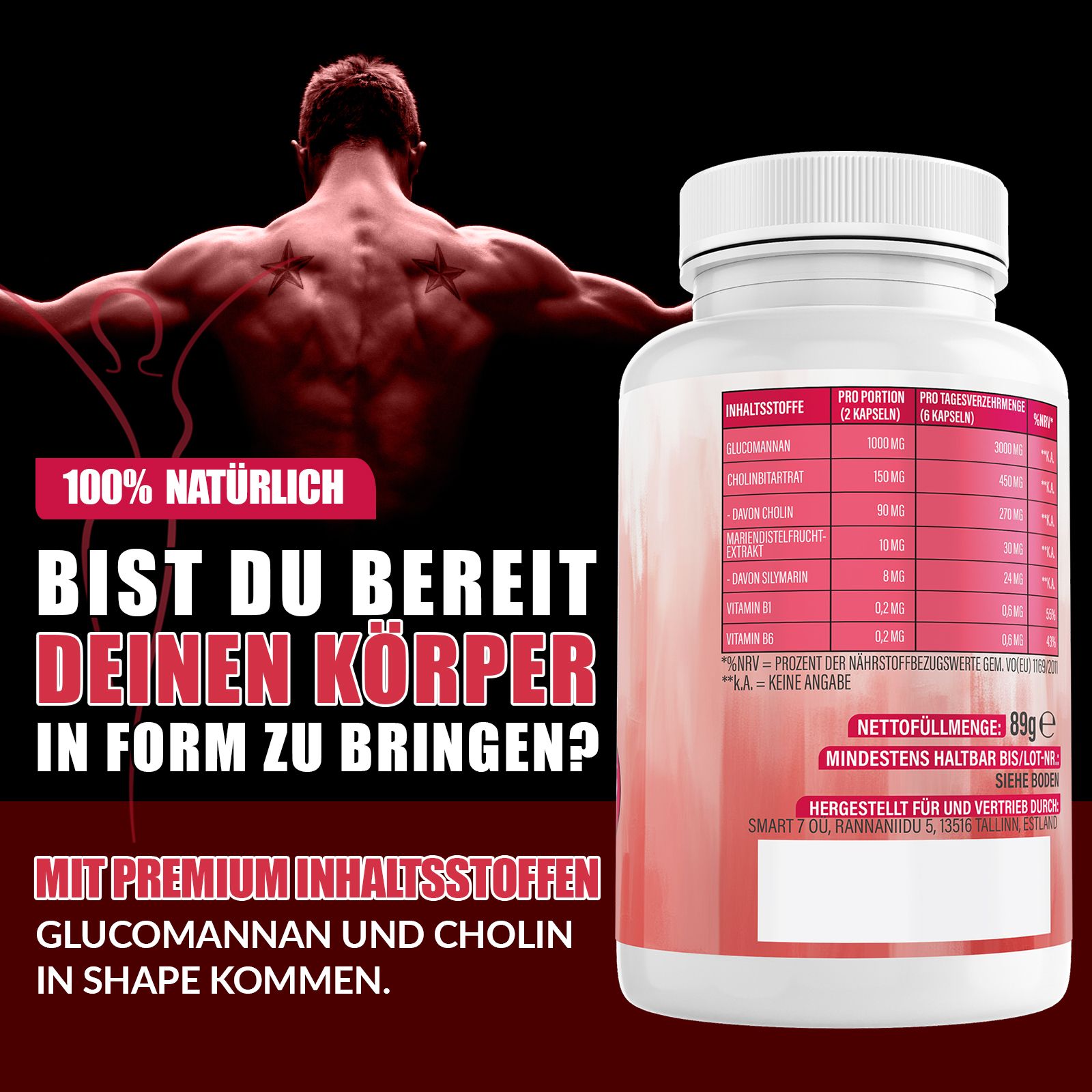 Weiße Flasche mit rotem Etikett und Mann im Hintergrund. Text: 100% natürlich. Bist du bereit deinen Körper in Form zu bringen?