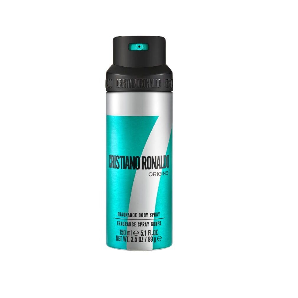 Cristiano Ronaldo 7Origins Body Spray: Silberne Dose mit türkisfarbenem Design und der Zahl 7.