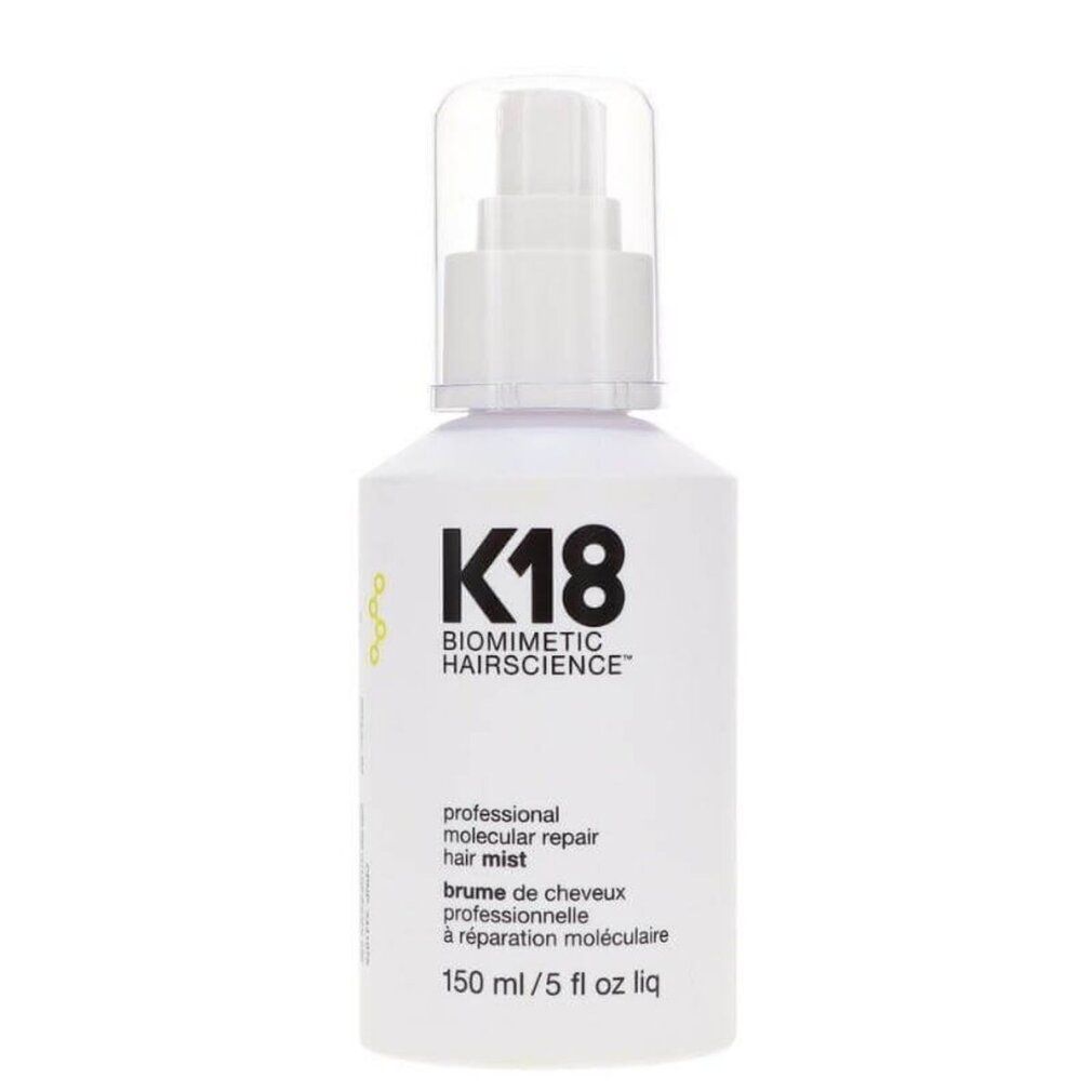 Weiße Flasche mit Sprühkopf. Aufschrift: K18 BIOMIMETIC HAIRSCIENCE, professional molecular repair hair mist, 150 ml.