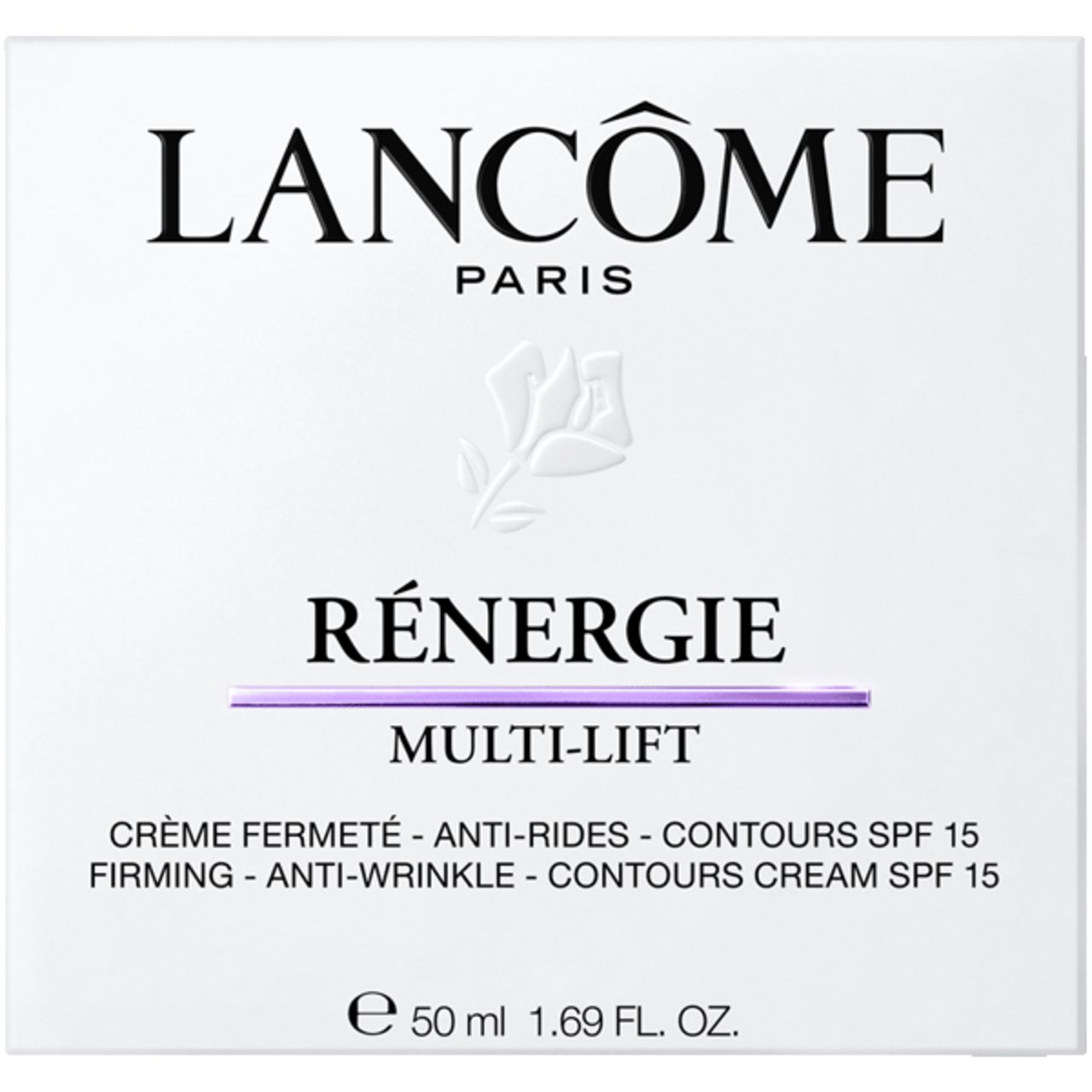 Weiße Verpackung mit Lancôme-Logo und Rénergie Multi-Lift. Text: Crème fermeté, anti-rides, contours SPF 15.