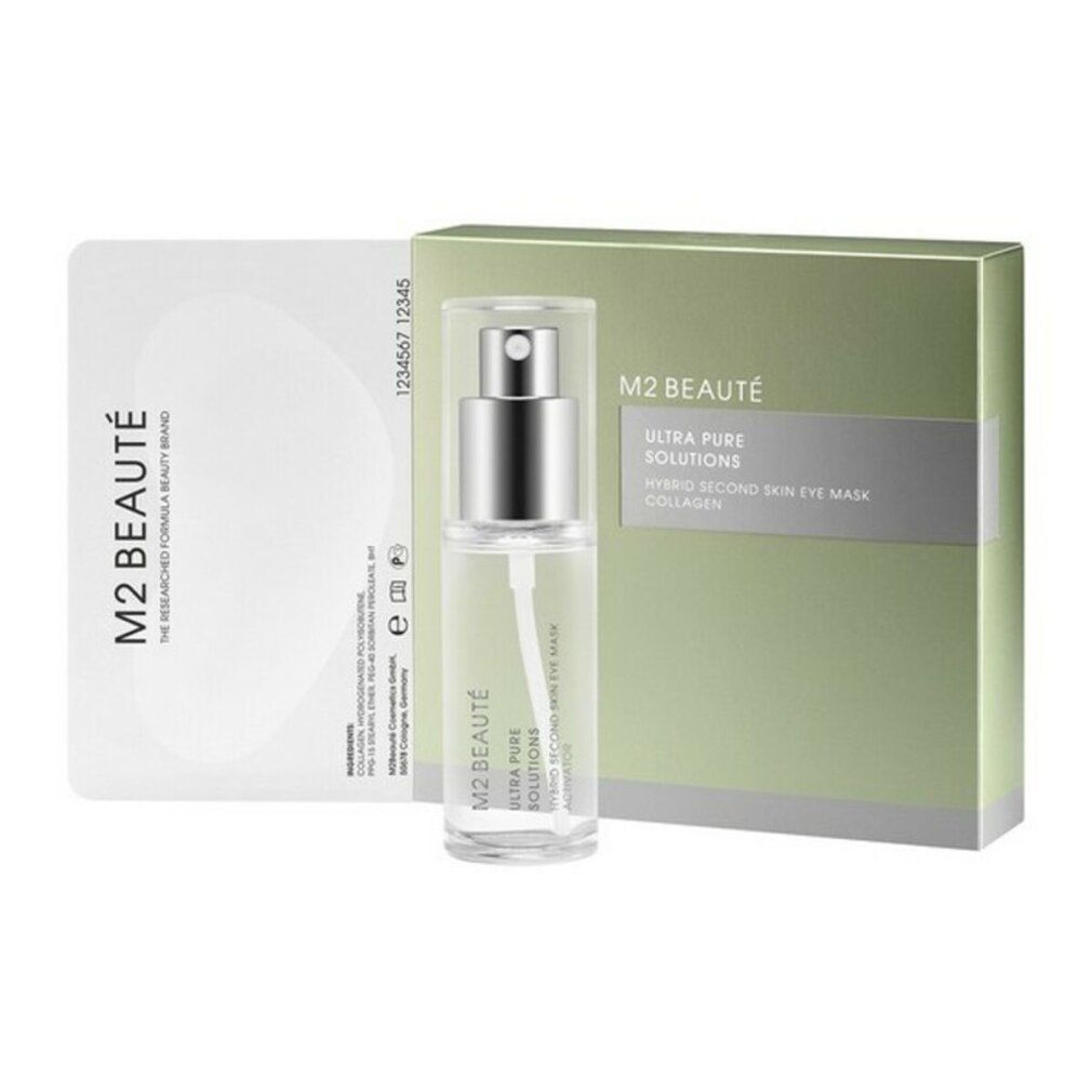Produktverpackung mit Sprühflasche und Augenmaske. Aufschrift: M2 Beaute, Ultra Pure Solutions, Hybrid Second Skin Eye Mask Collagen.