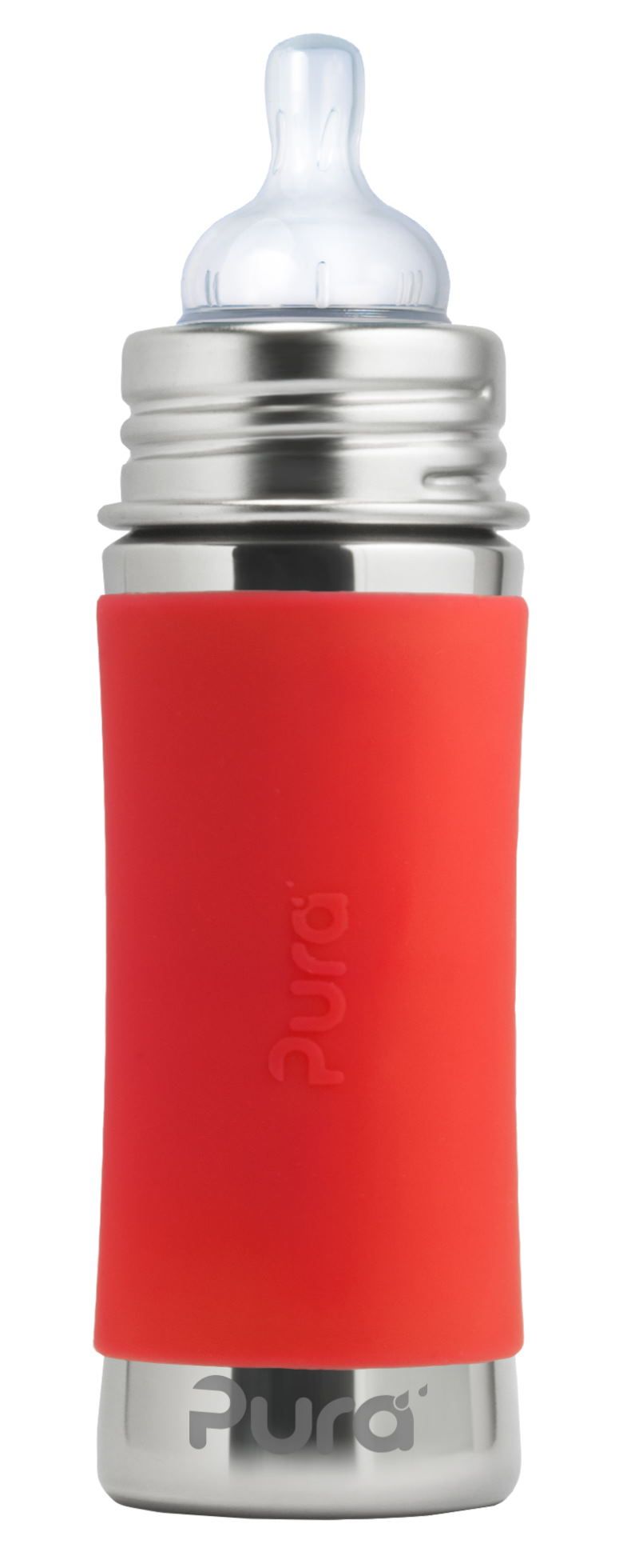 Babyflasche mit Silikon-Sleeve. Edelstahl-Flasche mit rotem Sleeve und Sauger. Marke: Pura.