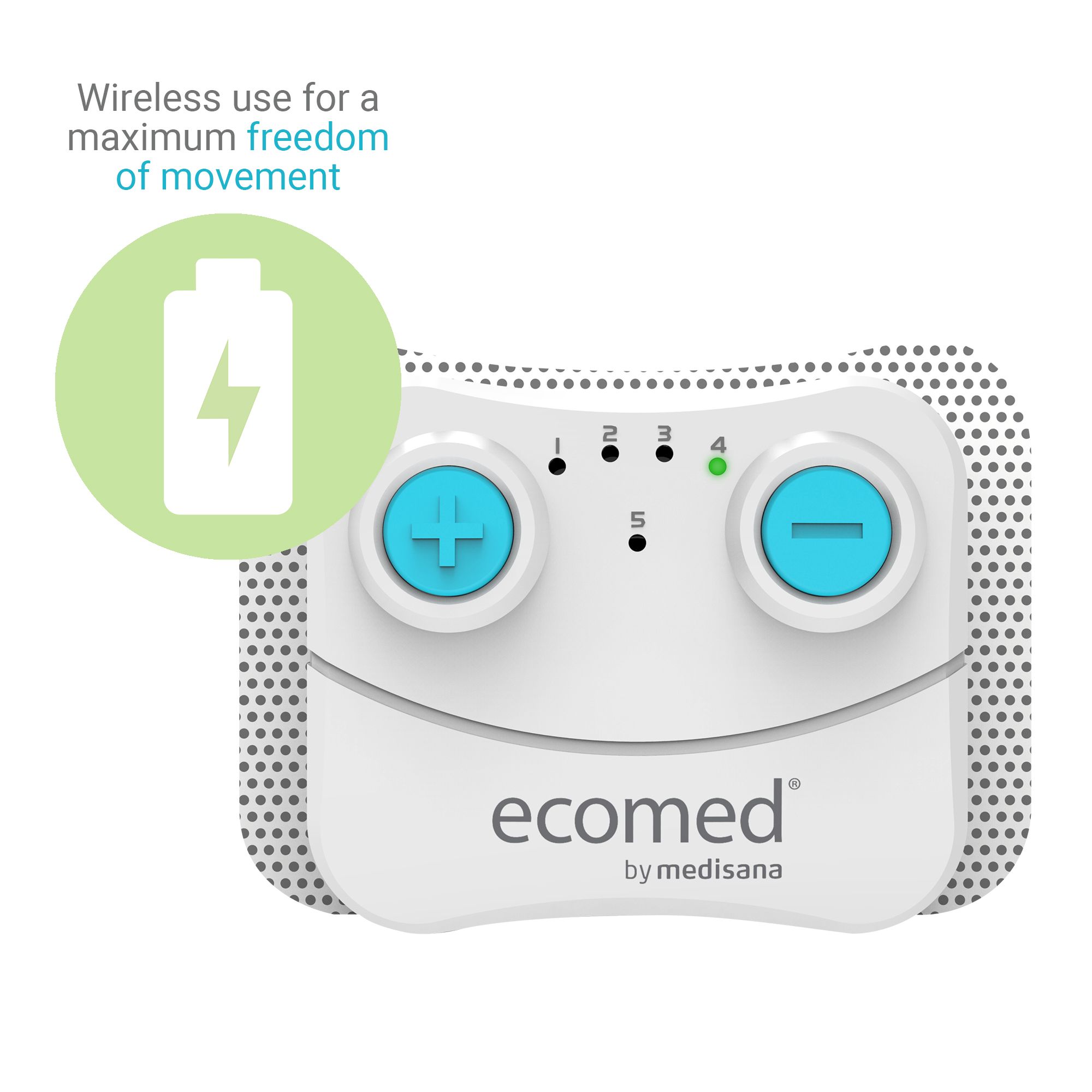 Gerät mit zwei blauen Knöpfen, fünf Kontrollleuchten und Elektrodenpad. Aufschrift: ecomed by medisana. Symbol: Batterie.