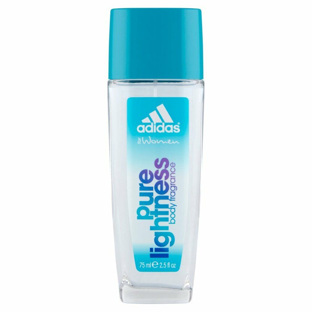 Deo-Glasflasche mit blauem Deckel. Aufschrift: adidas, Pure Lightness, Body Fragrance. 75 ml.