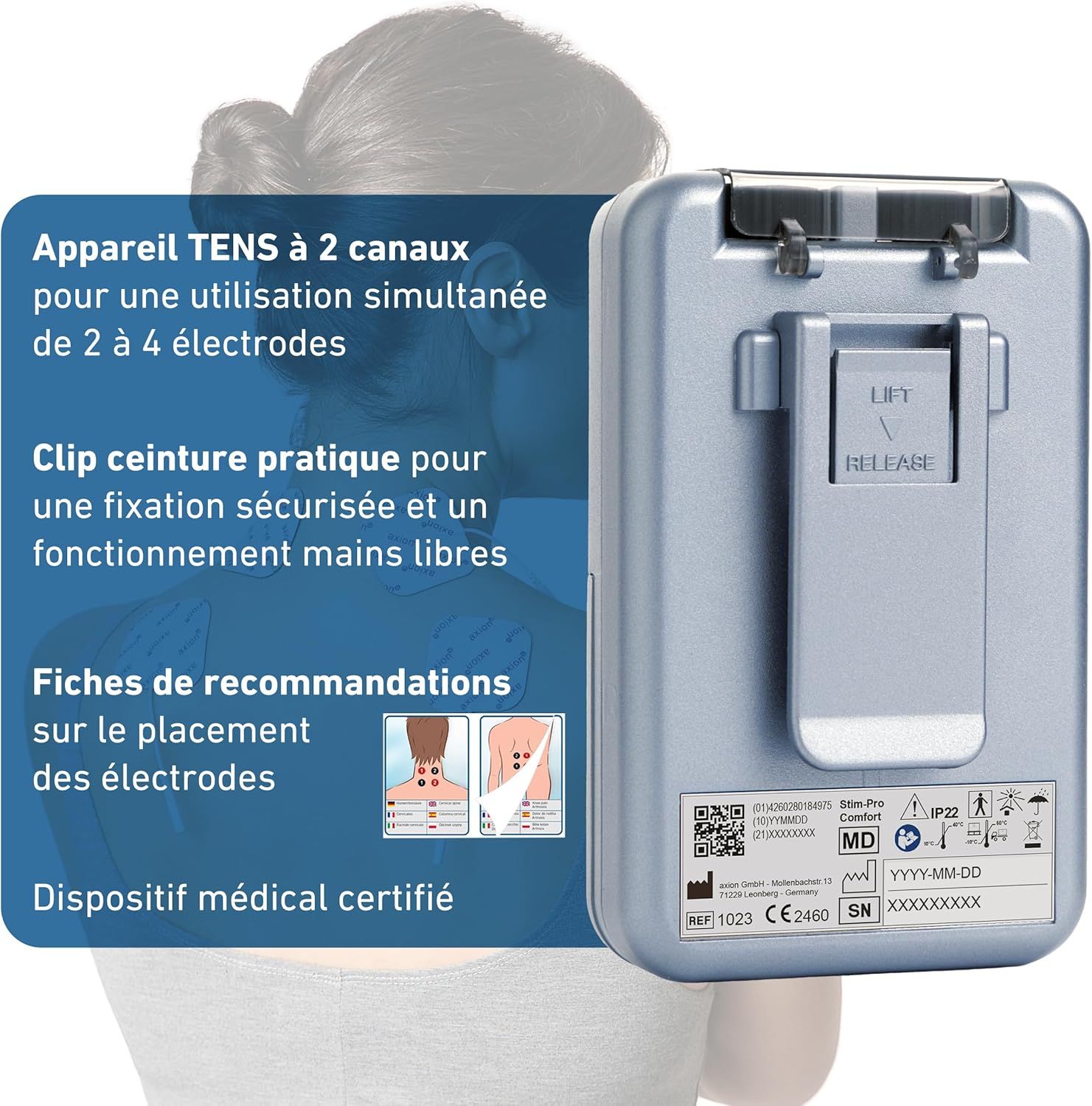 Dos de l'appareil TENS. Clip ceinture, connexions. Dispositif médical. Texte : Appareil TENS 2 canaux. Brochure avec recommandations.