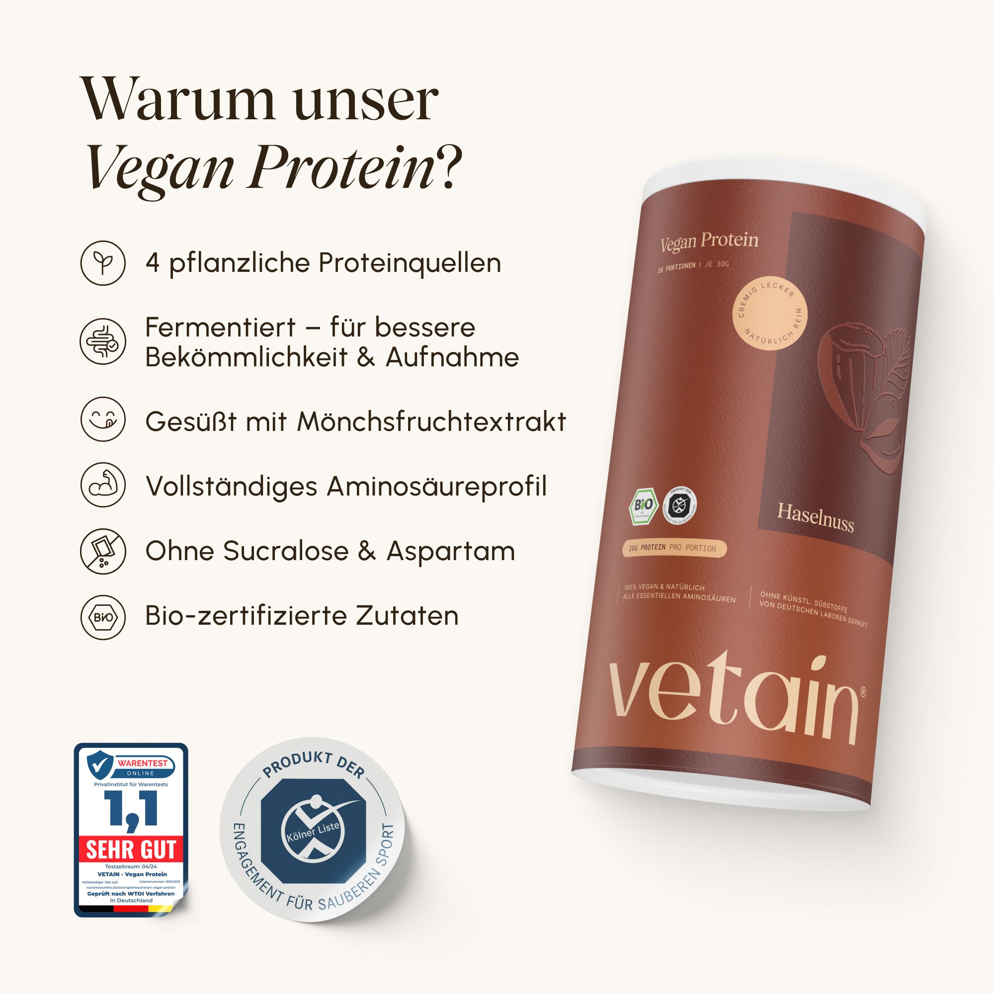 VETAIN Proteinpulver Vegan - Haselnuss - 20g Eiweiß pro Portion - Ohne Zuckerzusatz - 100% Bio