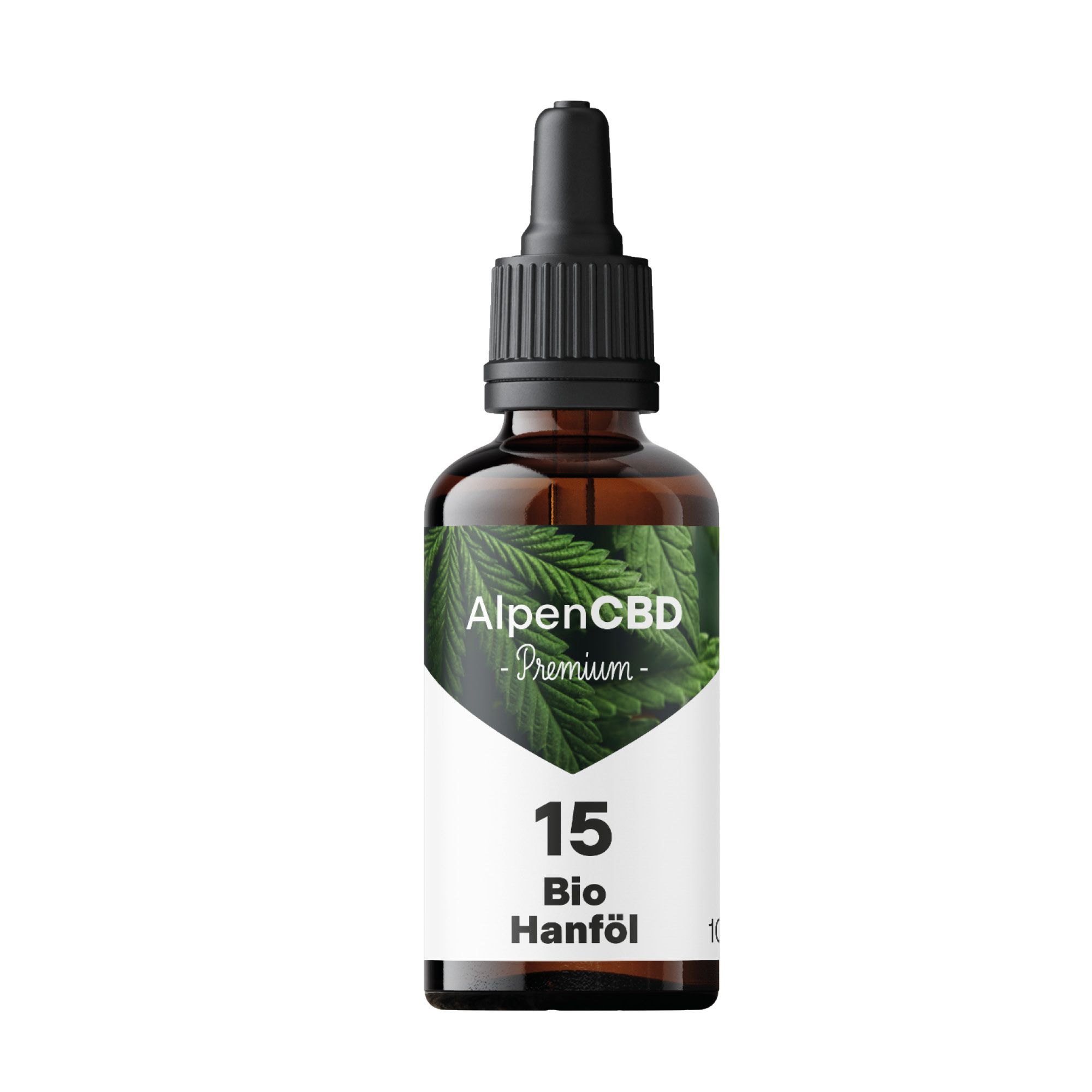 Braune Glasflasche mit Tropfer. Aufkleber mit Text: AlpenCBD Premium, 15 Bio Hanföl.