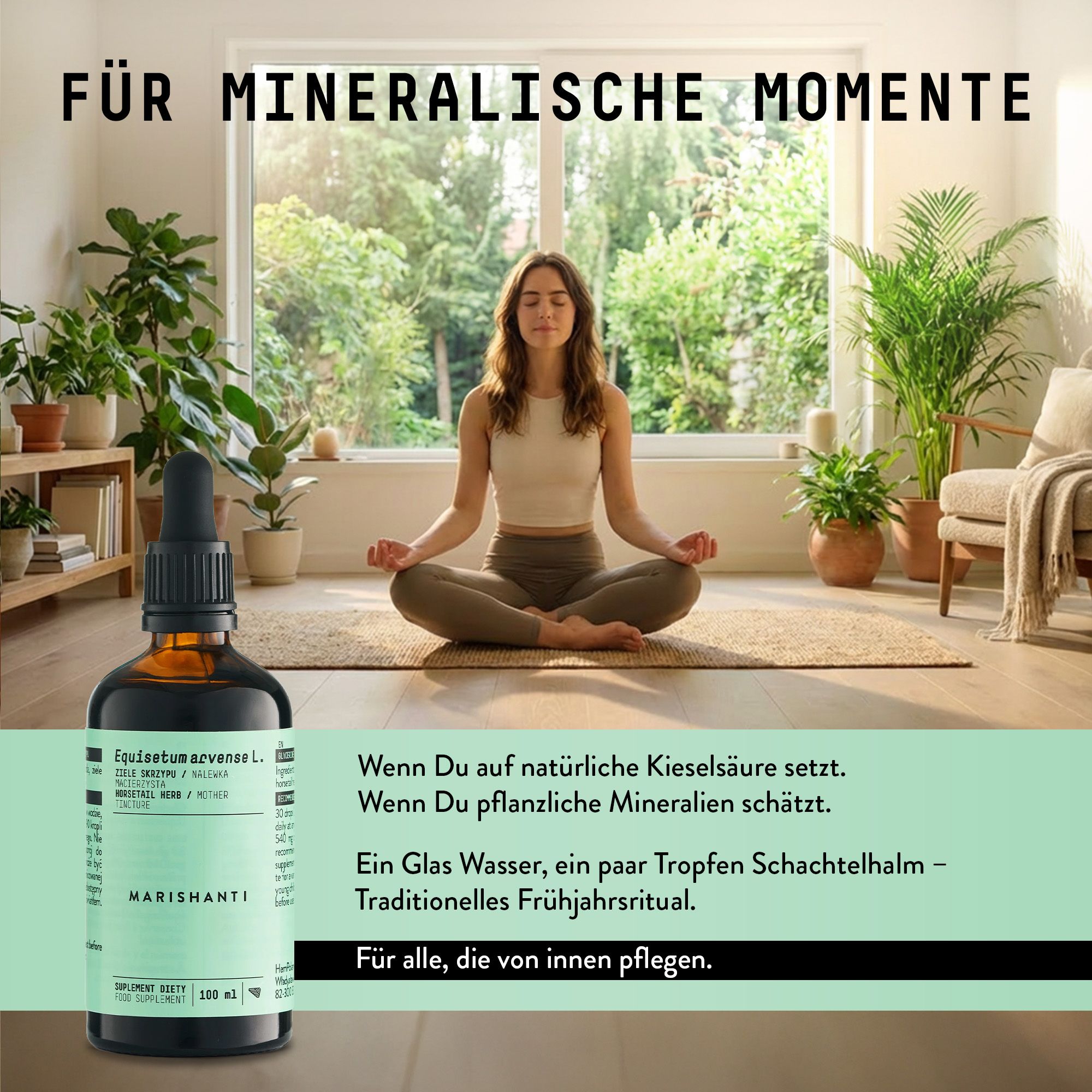 Braune Glasflasche mit Pipette. Aufschrift Marishanti. Frau sitzt im Schneidersitz. Text: Für mineralische Momente.