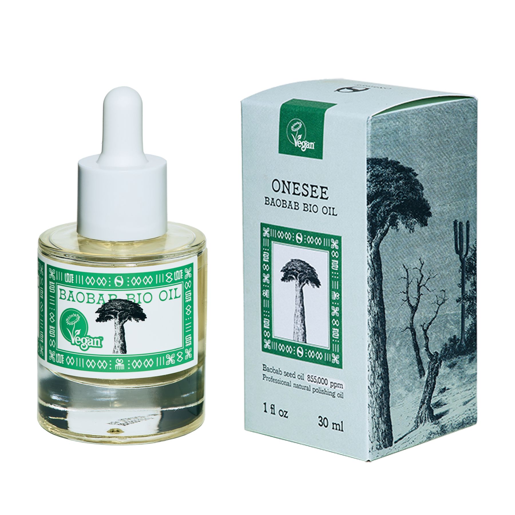 Flacone e scatola Onesee Baobab Bio Oil. Pipetta sul flacone. Sigillo vegano. Testo: Baobab Seed Oil, 30 ml.
