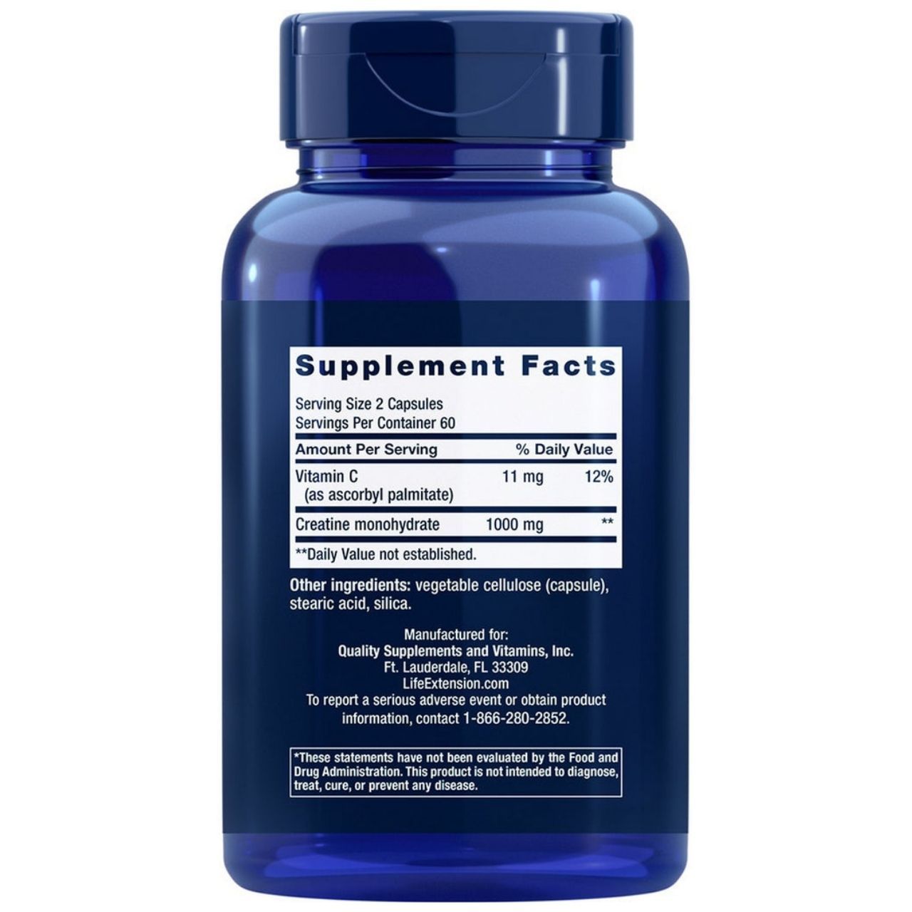 Rückseite der Life Extension Kreatin-Kapseln-Flasche. Enthält Nährwertangaben, Kreatinmonohydrat 1000 mg pro Portion.