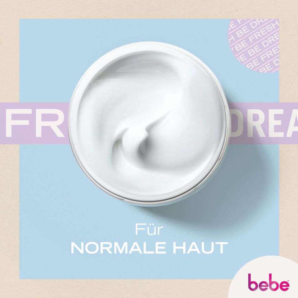 Draufsicht auf Creme. Text: Für Normale Haut. Marke: bebe.
