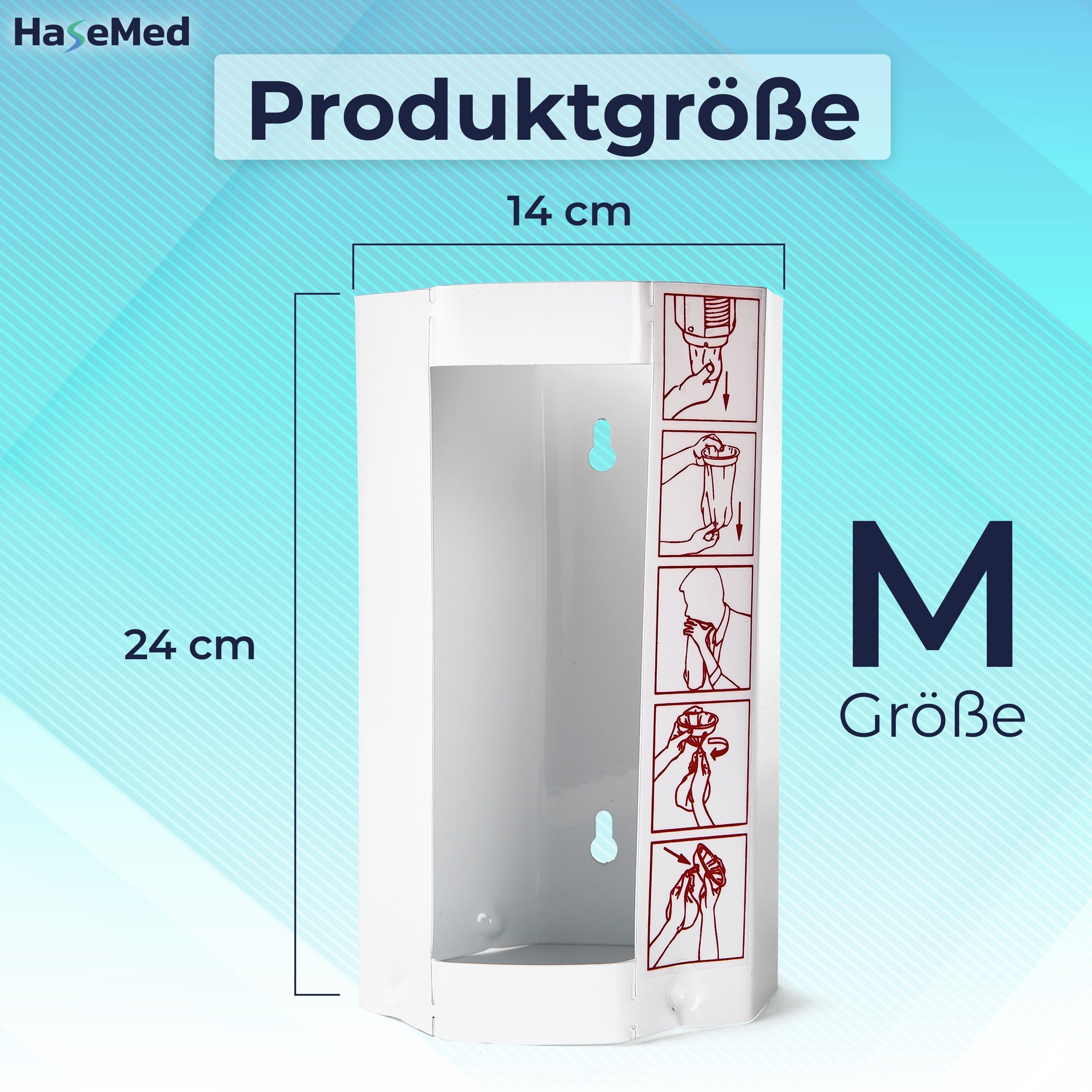 Weißer Metallspender für Spuckbeutel, Größe M. Maße: 24 cm hoch, 14 cm breit. Auf der Seite sind Anweisungen abgebildet. Logo: HaseMed.
